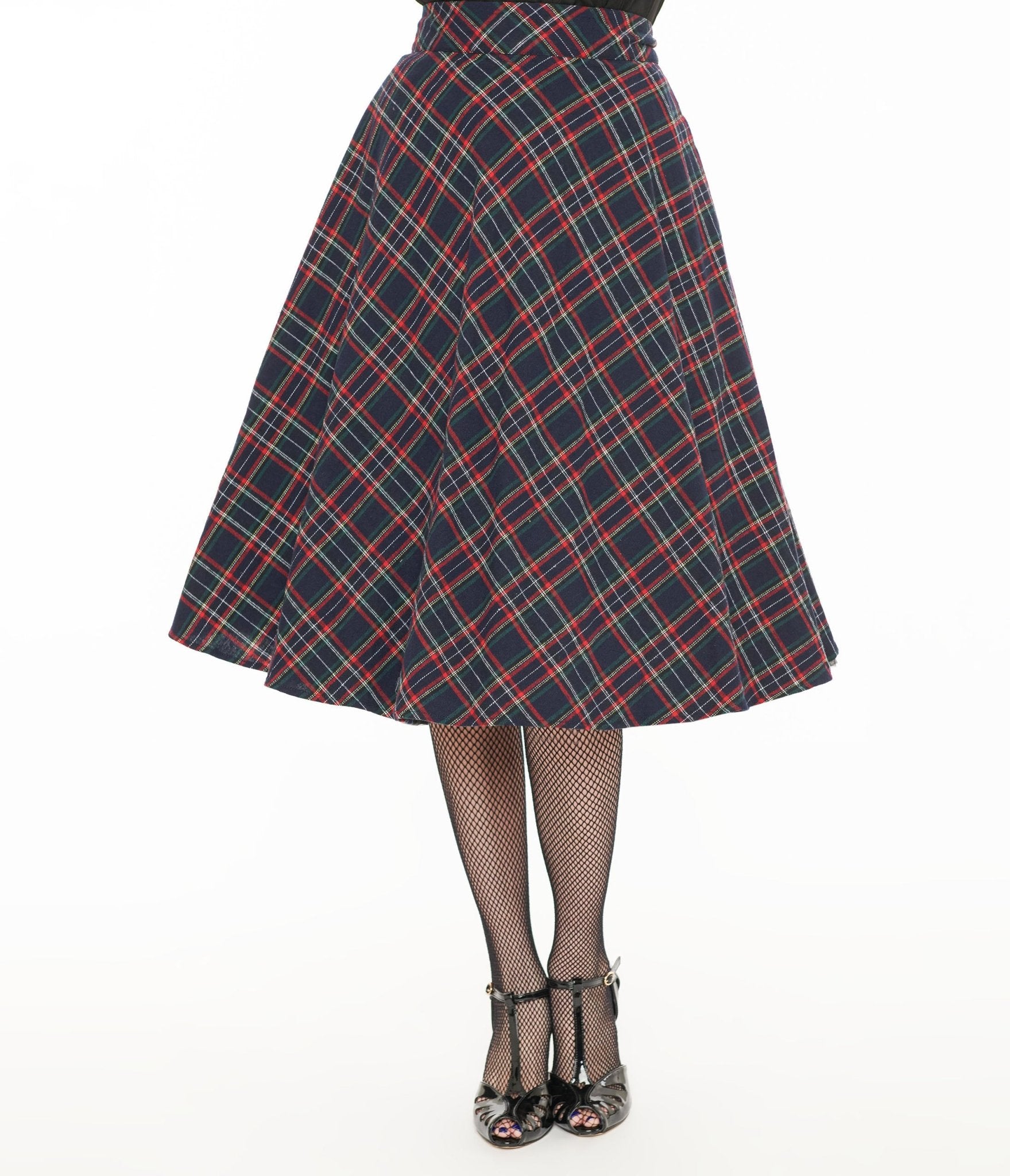 Unique Vintage 1950s Navy & Green Plaid High Waist Vivien Swing Skirt