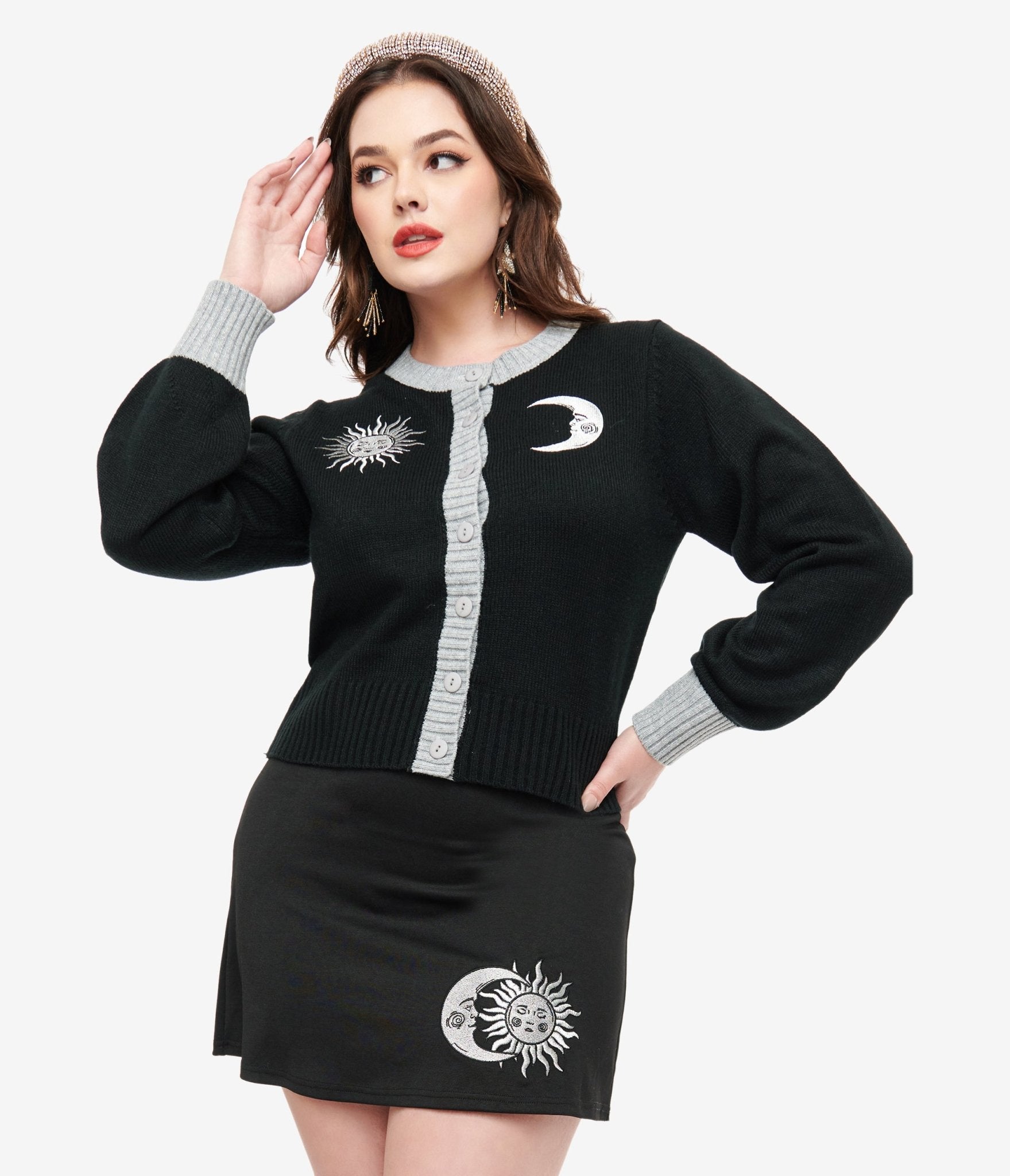 Smak Parlour 1960s Black & Silver Celestial Embroidered Cropped Cardigan