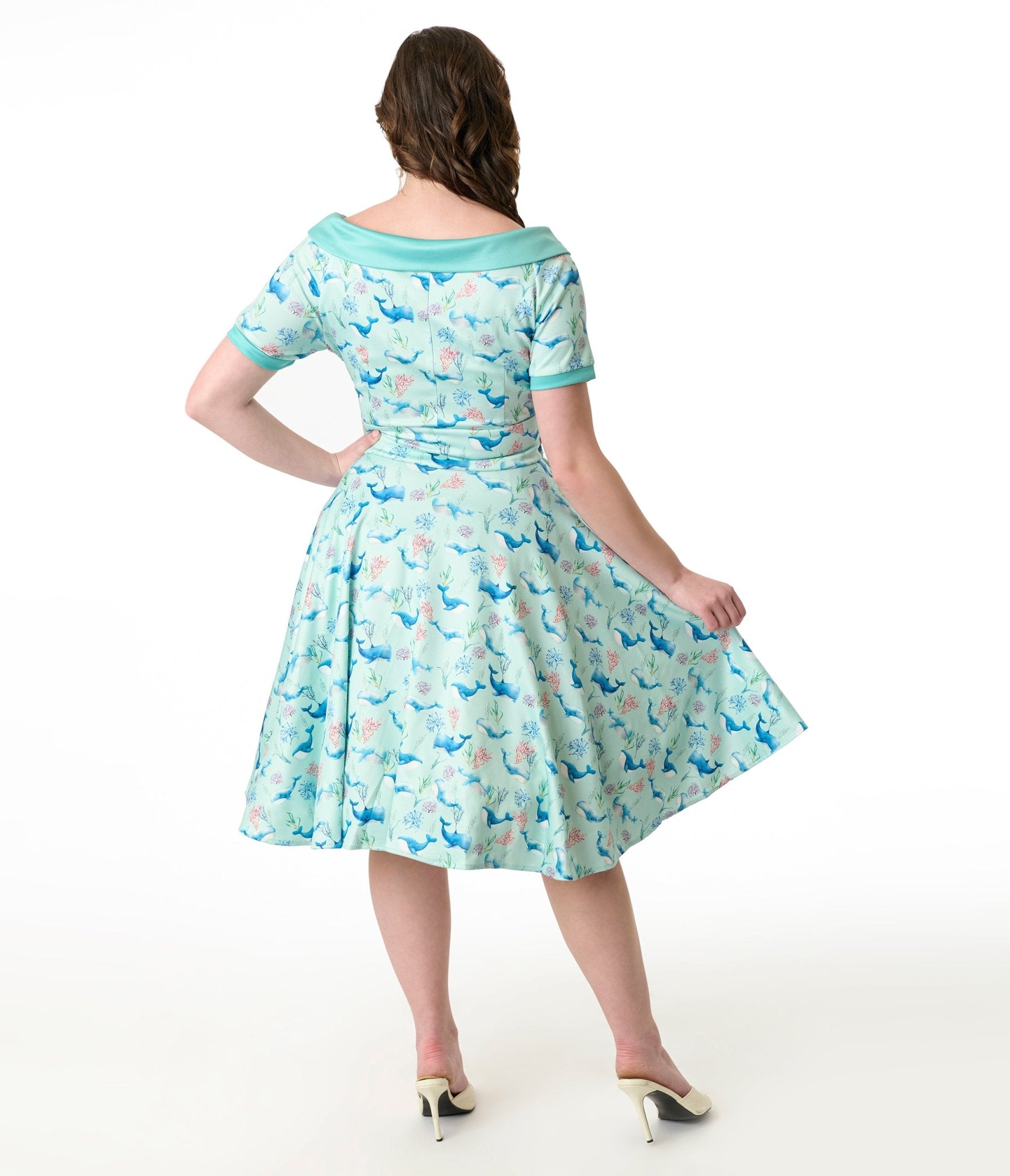 Dolly & Dotty 1950s Baby Blue Whale Print Darlene Swing Dress