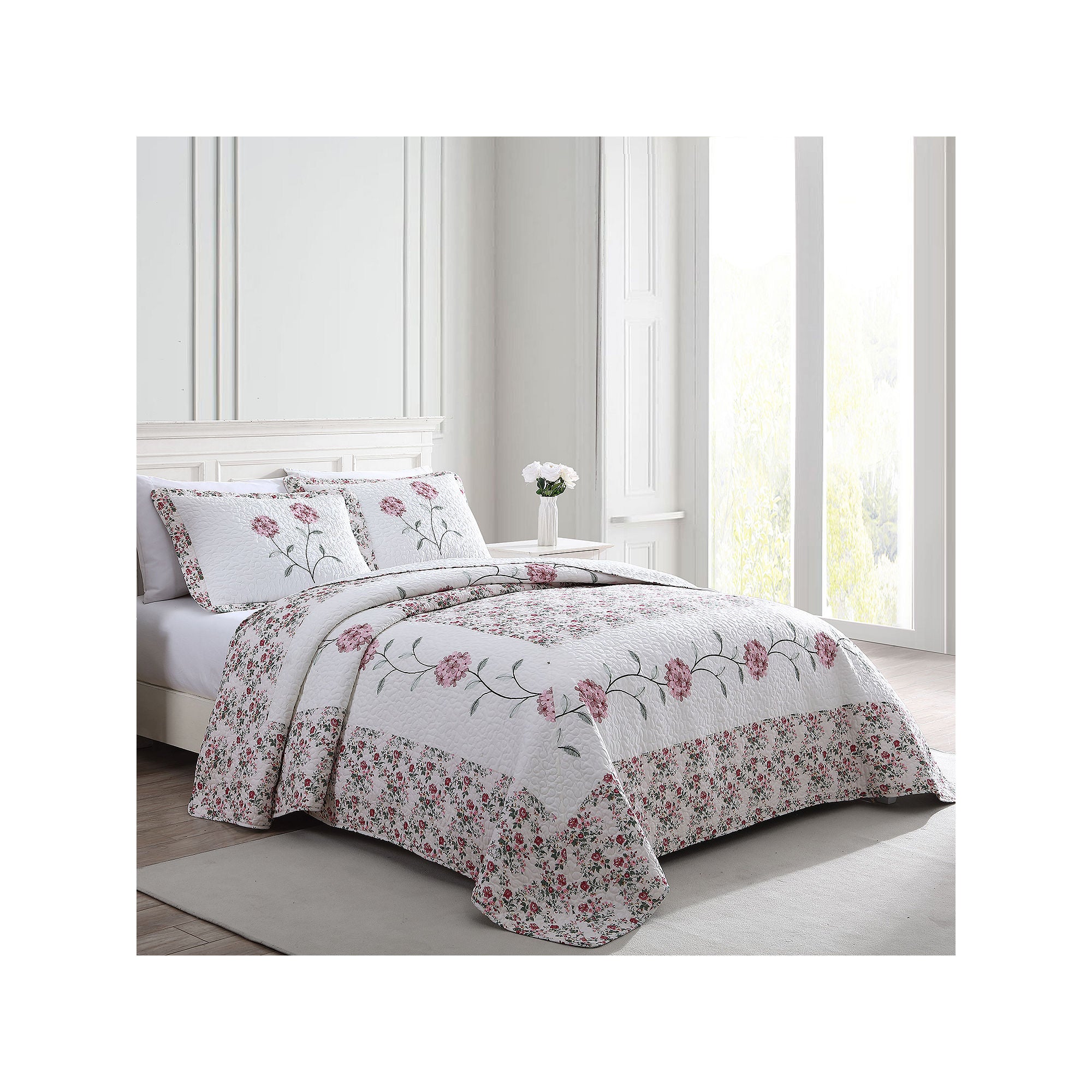 Beatrice Home Fashions Carnation Embroidered Bedspread - Rose