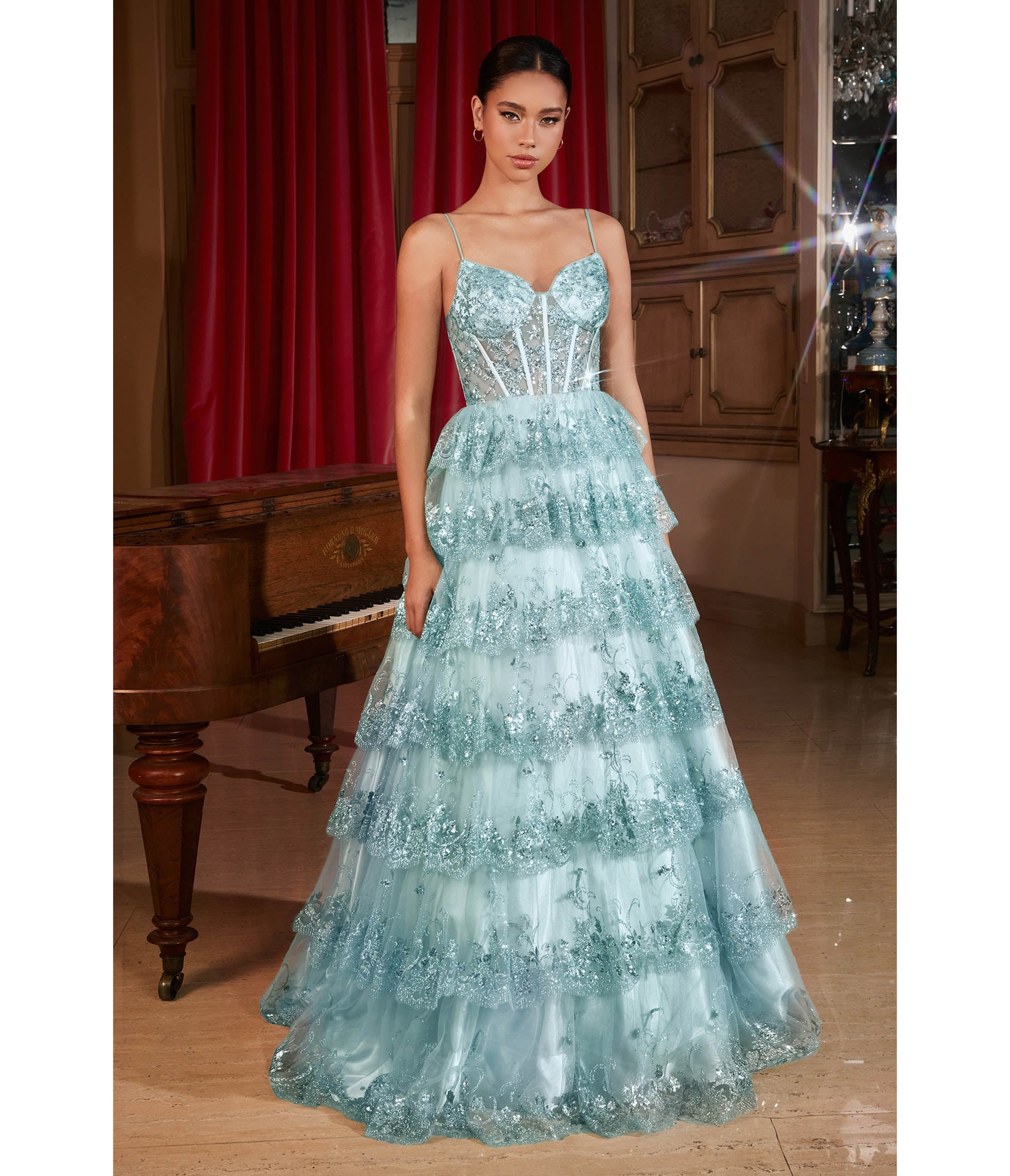 Ladivine by Cinderella Divine Blue Sparkle Tiered Prom Dress