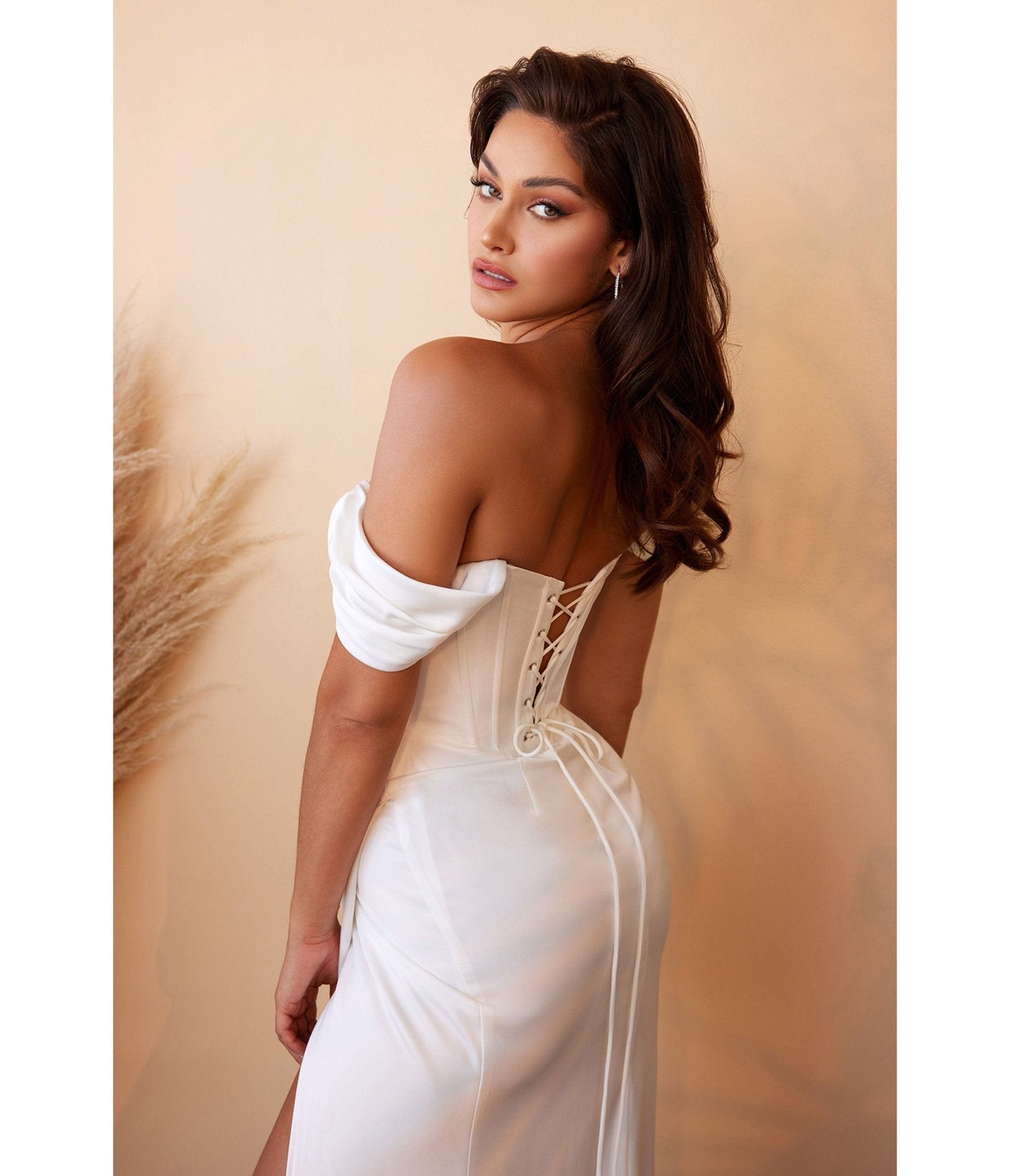 Ladivine by Cinderella Divine White Off The Shoulder Corset Satin Bridal Gown