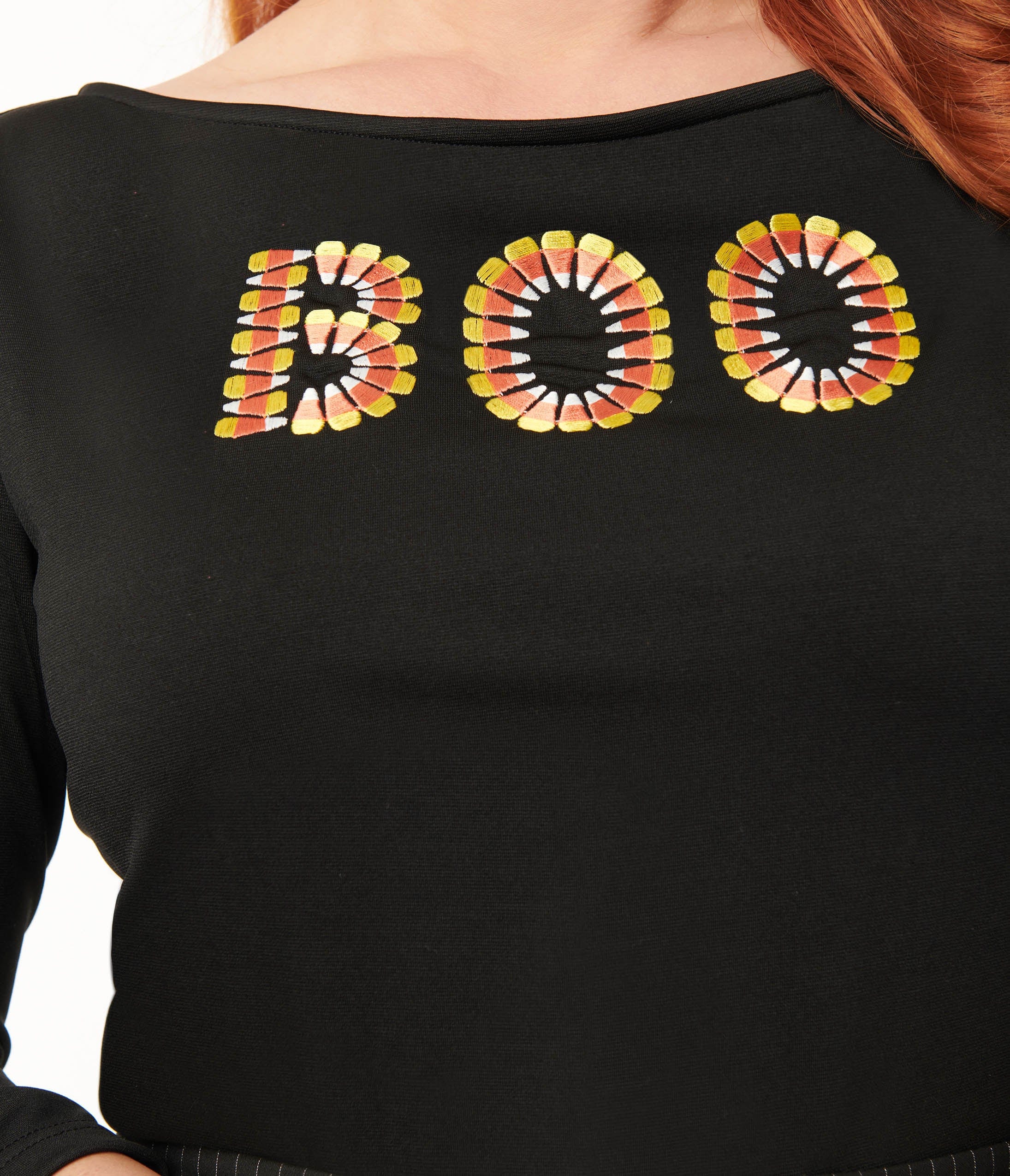 Unique Vintage Black Candy Corn Boo Embroidered Gracie Top