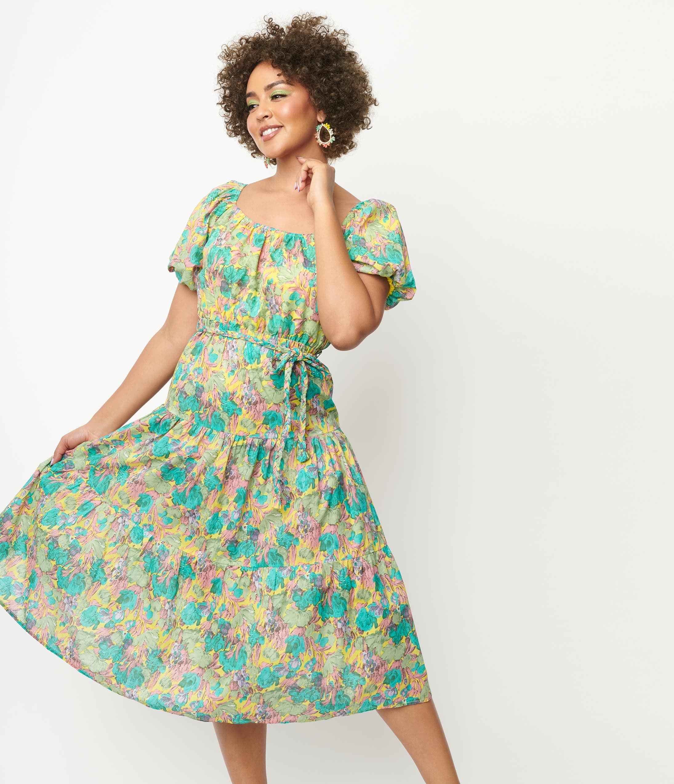 Yellow & Green Floral Tiered Midi Dress