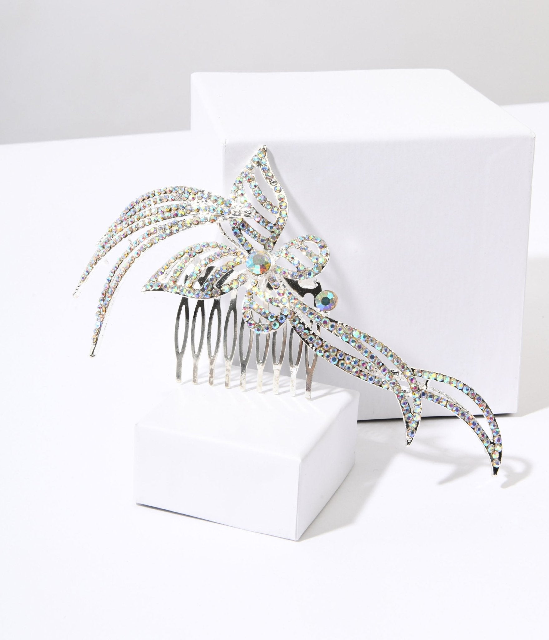 1920s Silver & Rainbow Rhinestone Butterfly Tiara Hair Comb