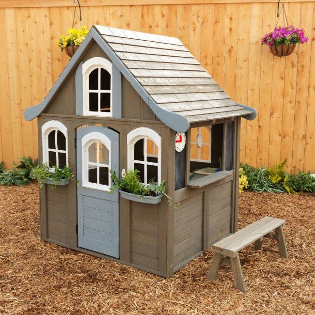 KidKraft 20098 Forestview II Wooden Outdoor Playhouse with Ringing Doorbell, Bench and Kitchen