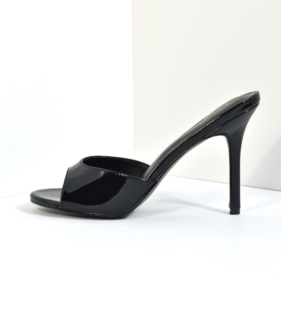 Black Patent Leatherette Peep Toe Slip On Heels