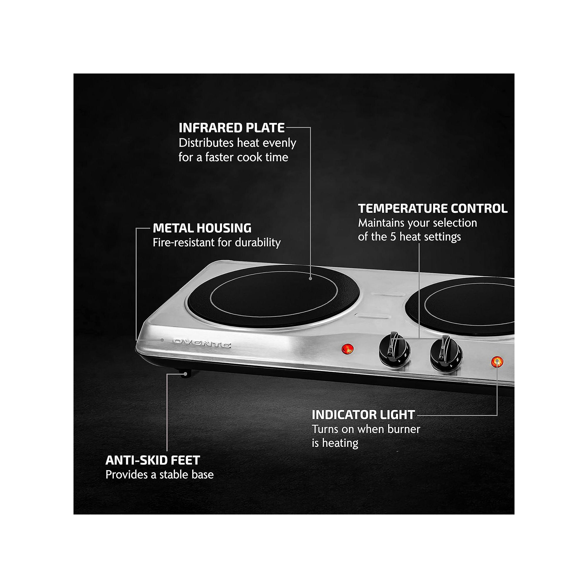 Ovente BGI102S Countertop Burner, Infrared Ceramic Glass Double Plate Cooktop, Indoor and Outdoor Portable Stove, 1700 Watts