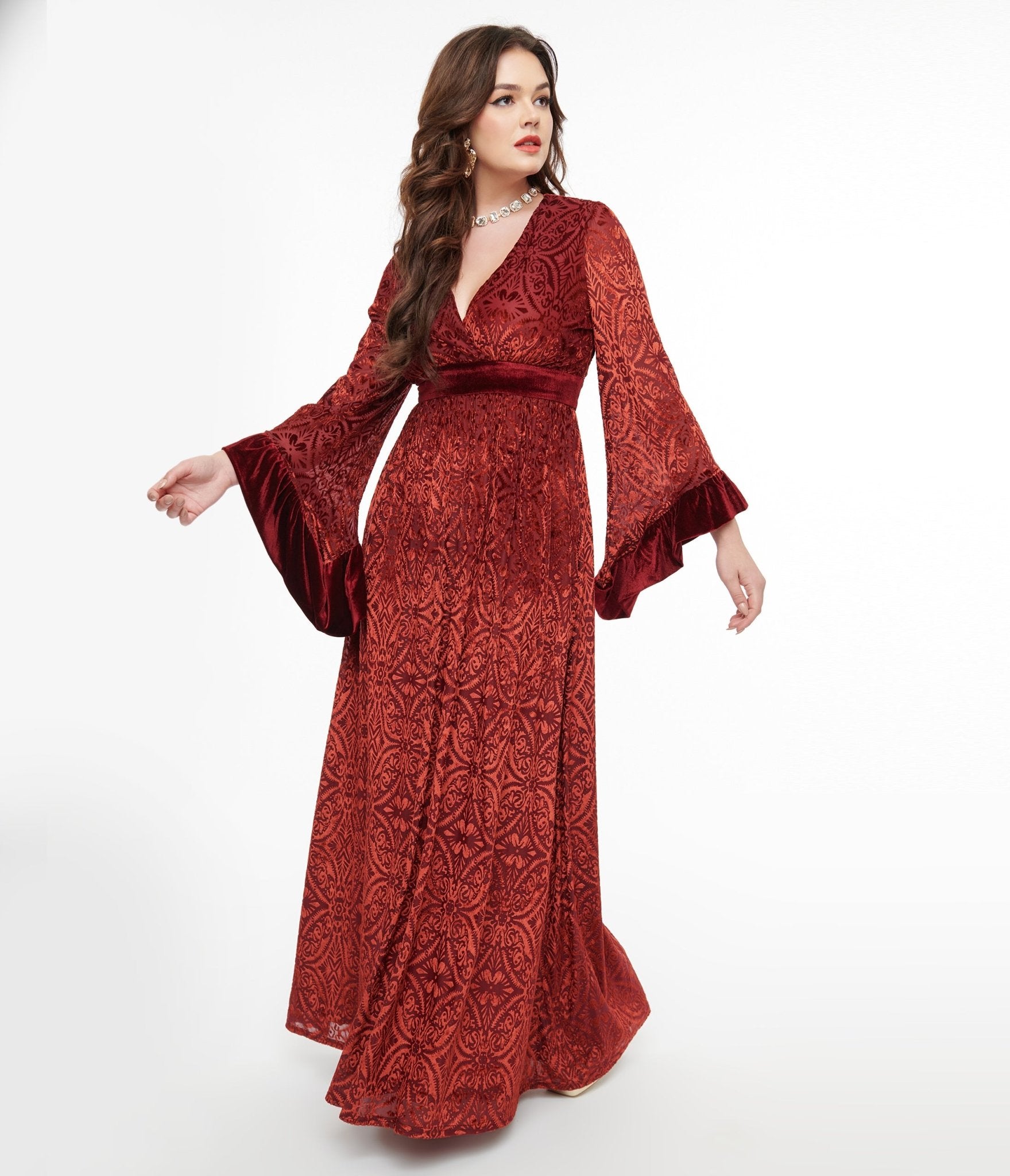 Unique Vintage 1970s Burgundy Velvet Burnout Maxi Dress