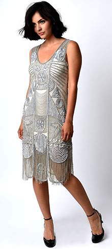 Unique Vintage 1920s Style Silver Hand Beaded Fringe Bosley Flapper Dress