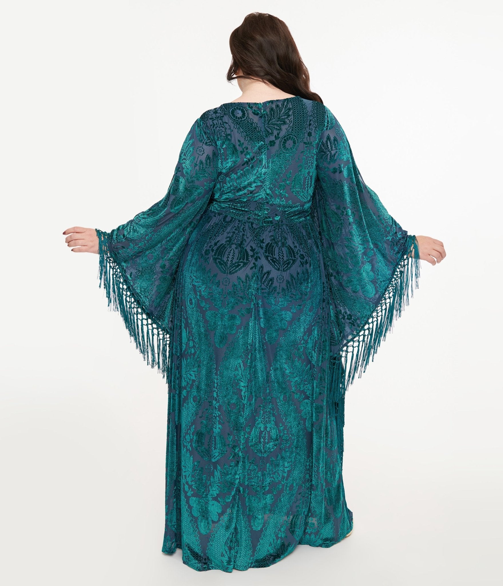 Unique Vintage Plus Size Emerald Floral Fringe Flutter Sleeve Caftan