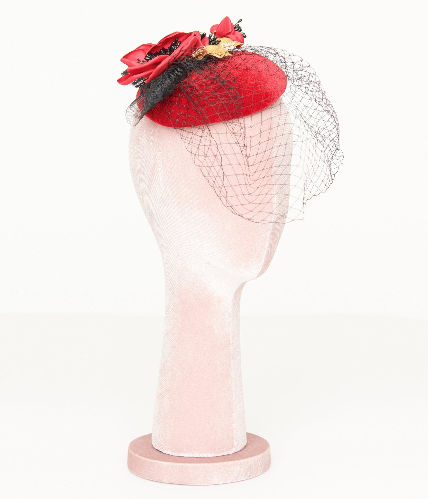 Unique Vintage 1950s Black & Red Floral Fascinator Hat