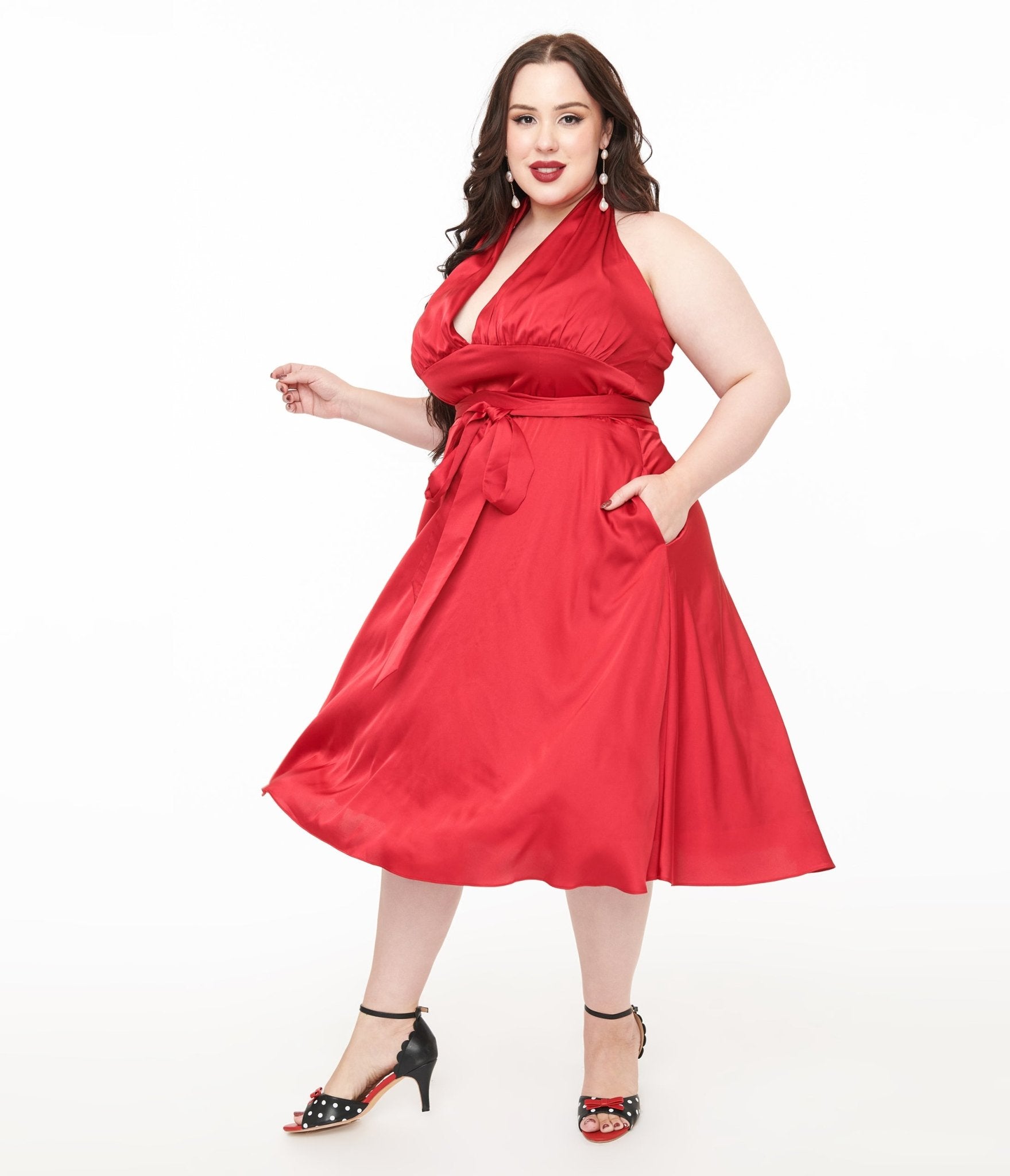 Unique Vintage Plus Size Red Satin Halter Swing Dress