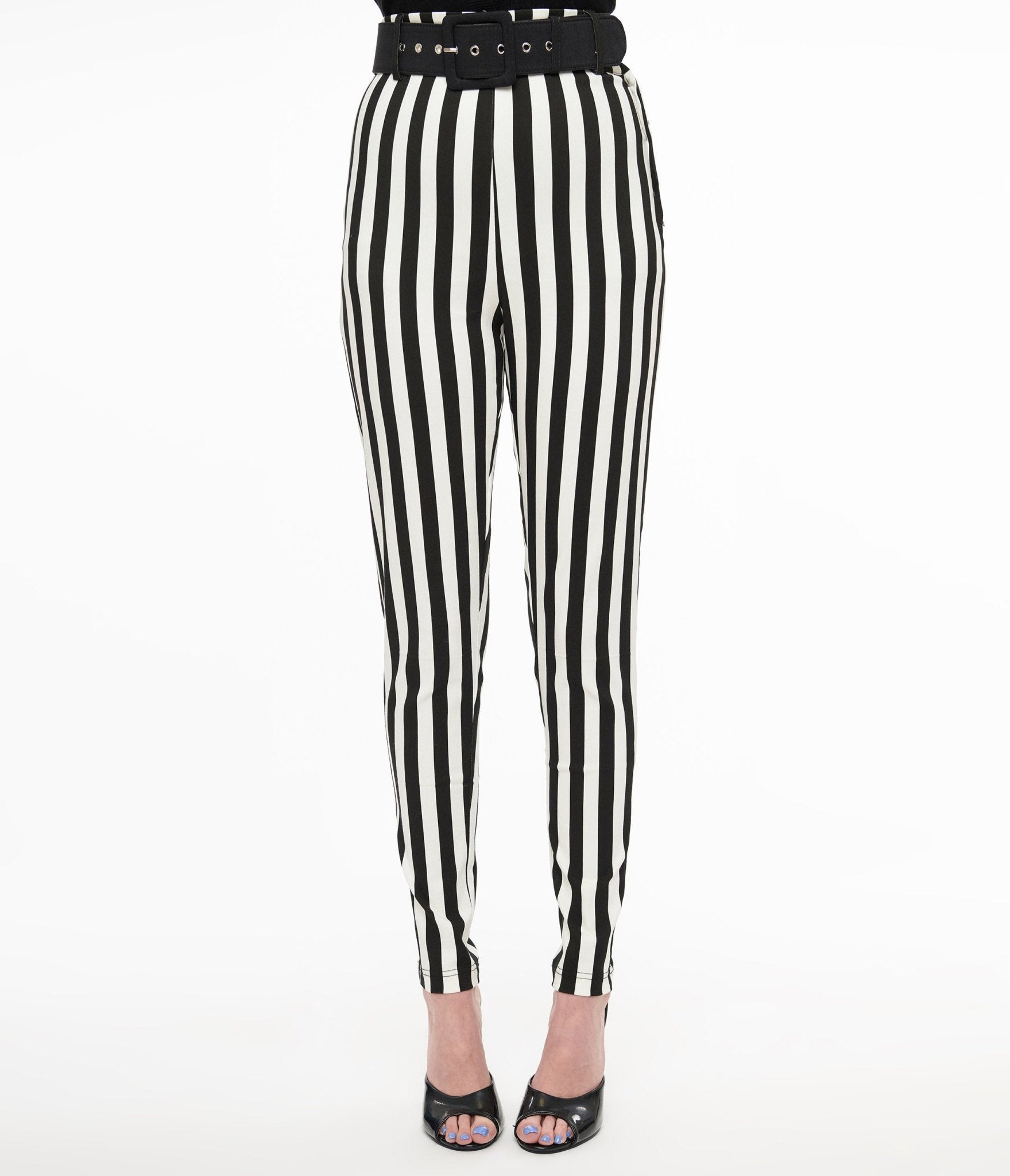 Unique Vintage Black & White Stripe Belted Rizzo Cigarette Pants