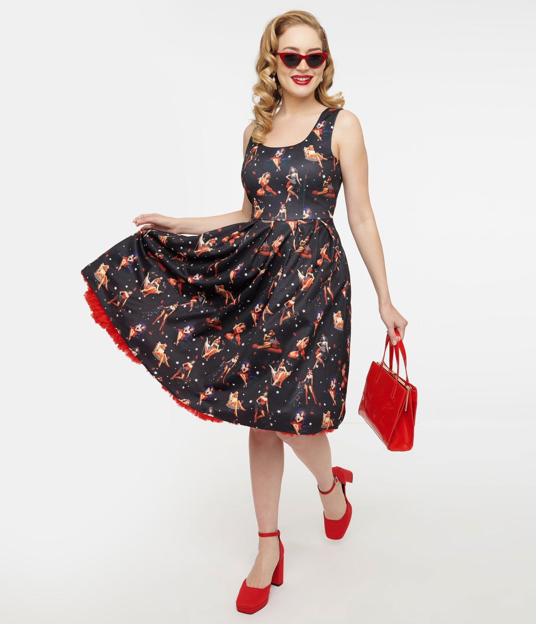 Dolly & Dotty 1950s Black & Pinup Print Amanda Swing Dress