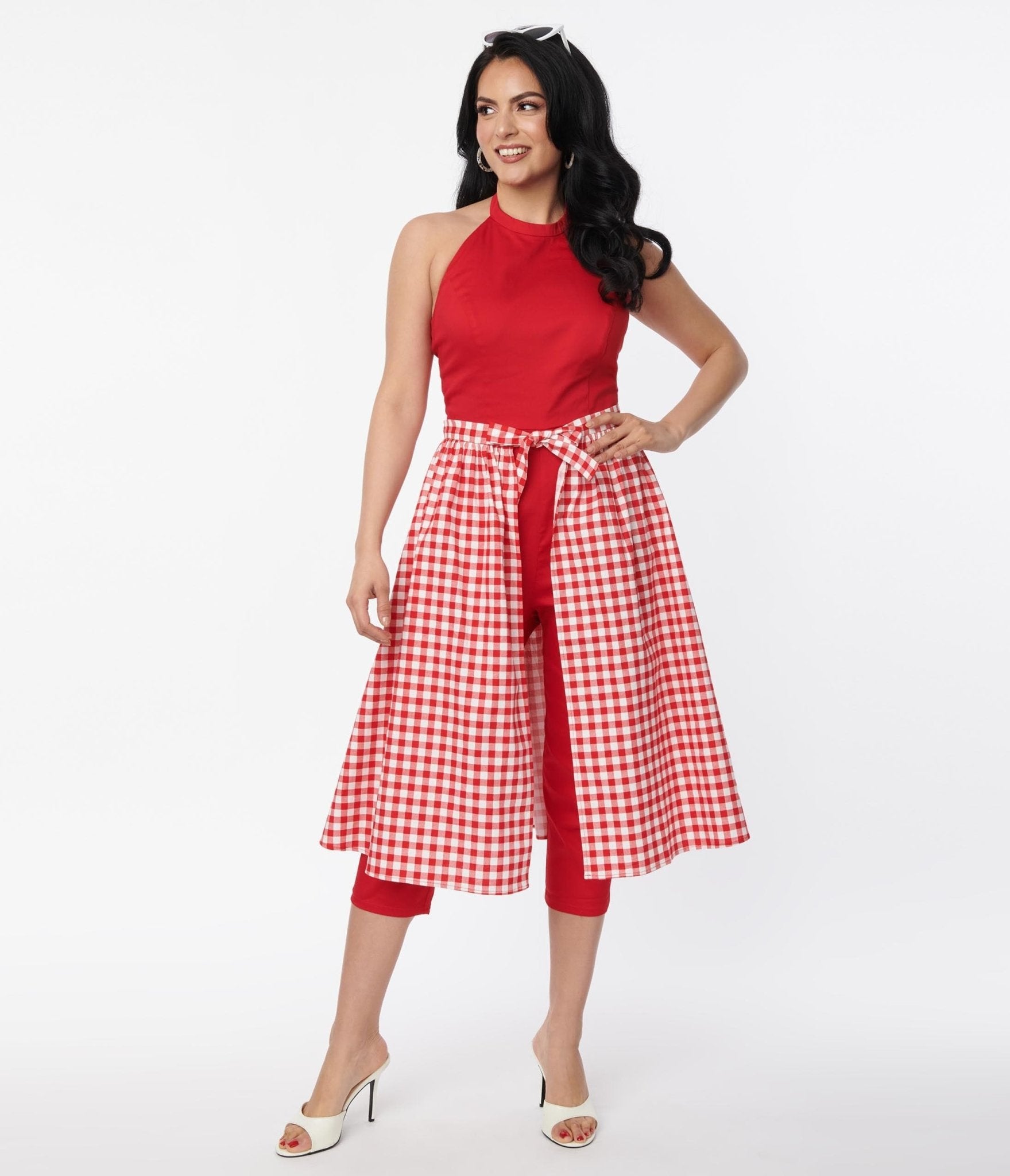 Collectif Red Gingham Skirted Midge Jumpsuit Set