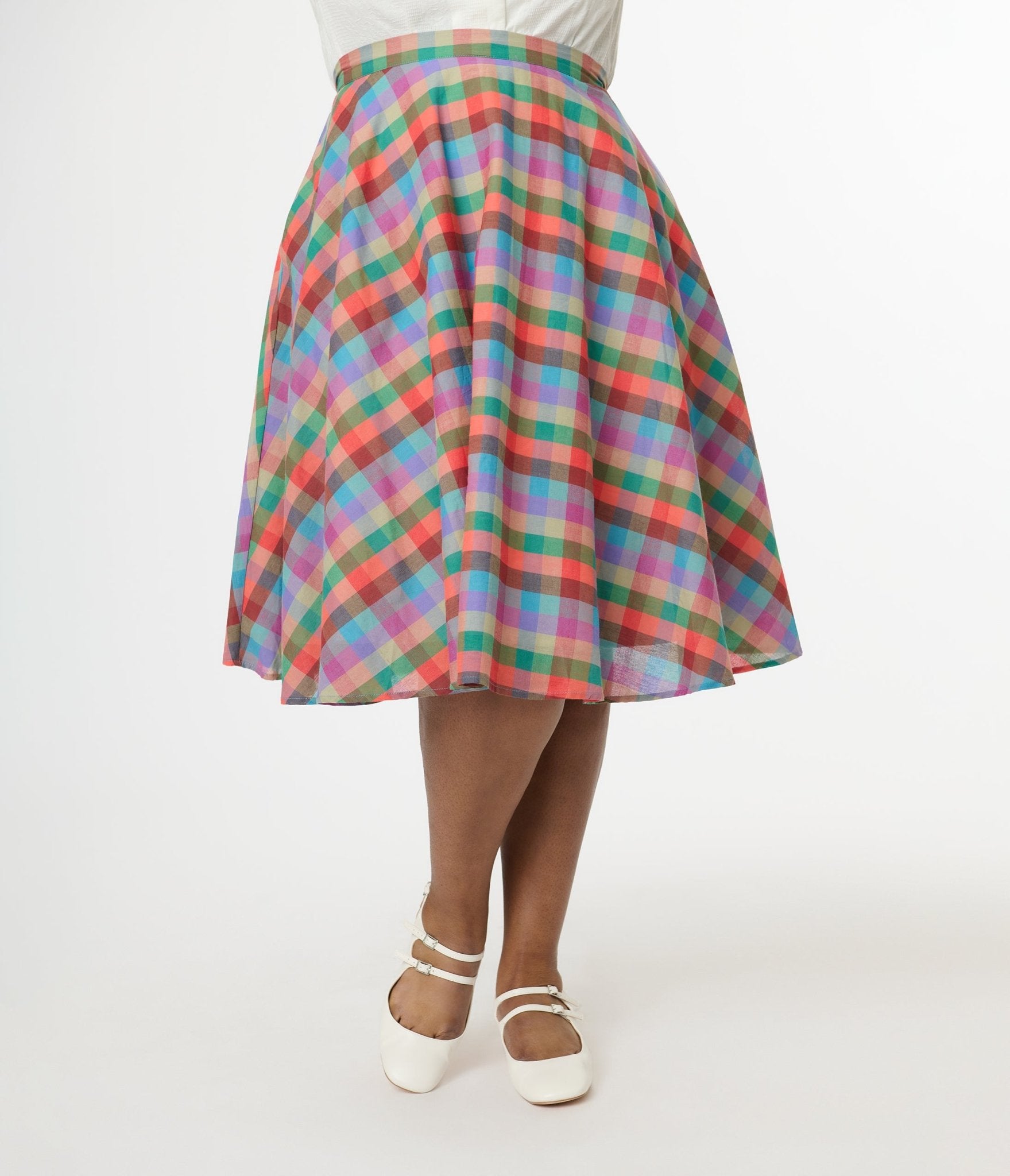 Magnolia Place Plus Size 1950s Multicolor Madras Plaid Cotton Sally Swing Skirt