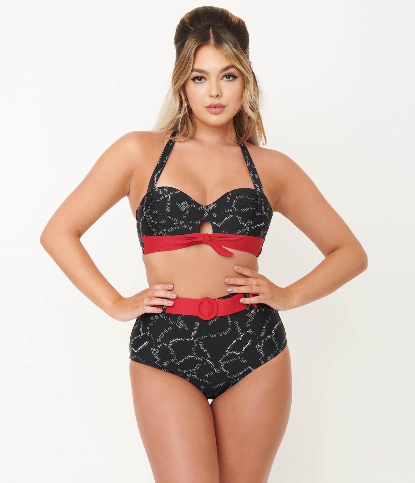 Unique Vintage Black Spooky Stitches Mrs. West Swim Top