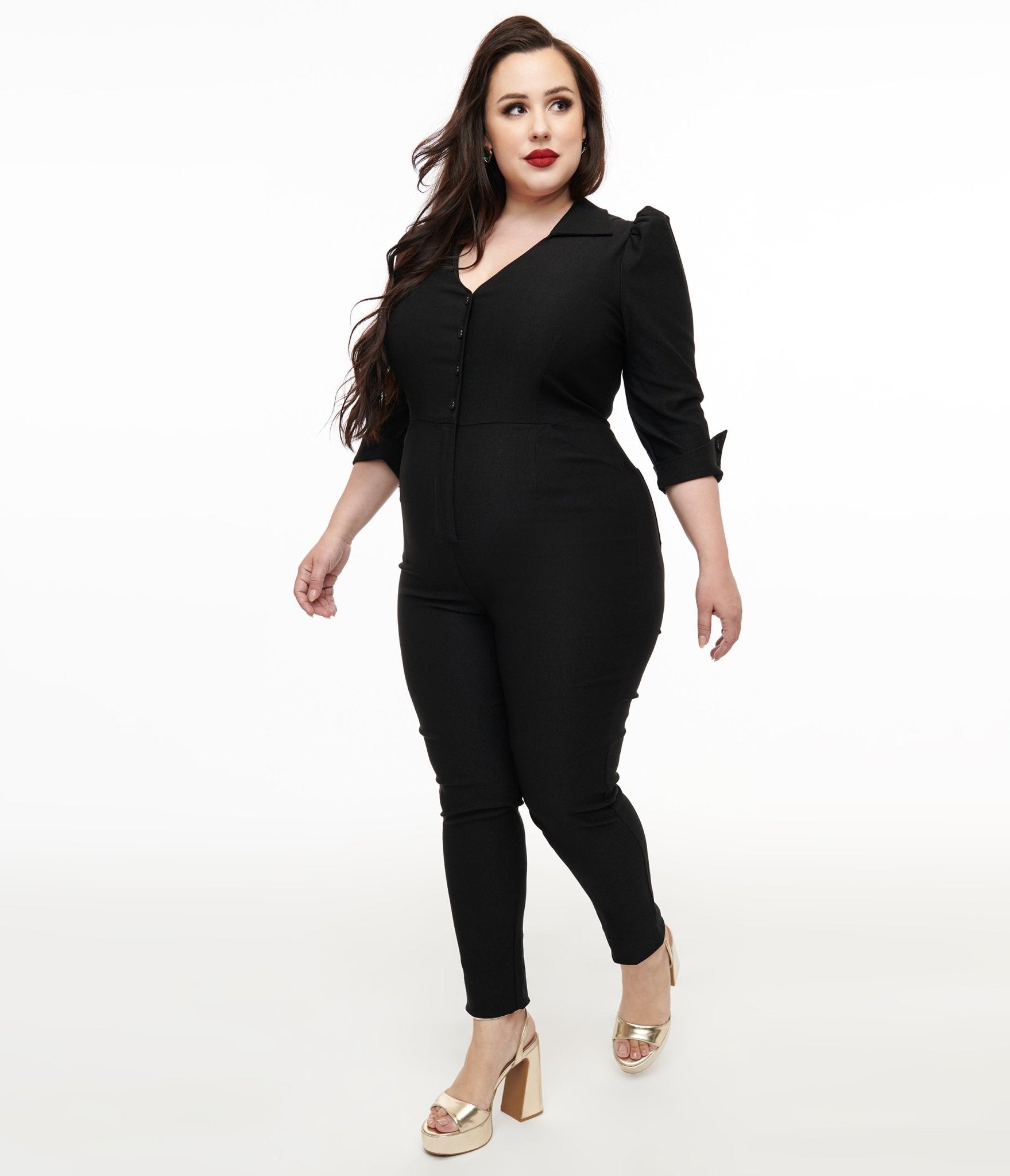 Unique Vintage Plus Size 1950s Black Puff Sleeve Jumpsuit