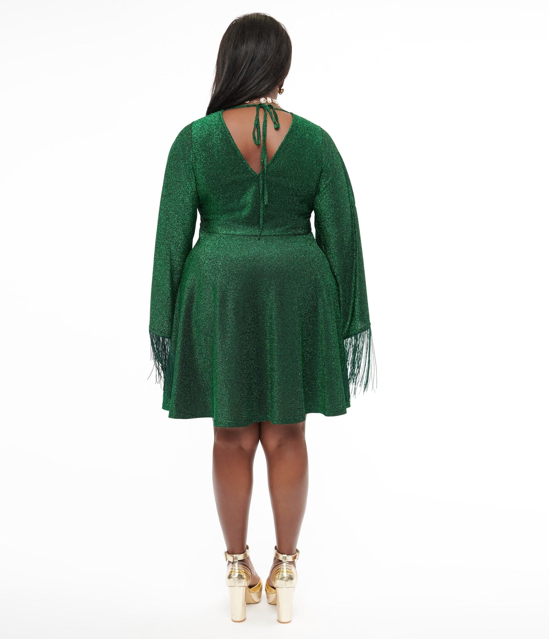 Smak Parlour Plus Size 1970s Green Sparkle & Fringe Bell Sleeves Dress