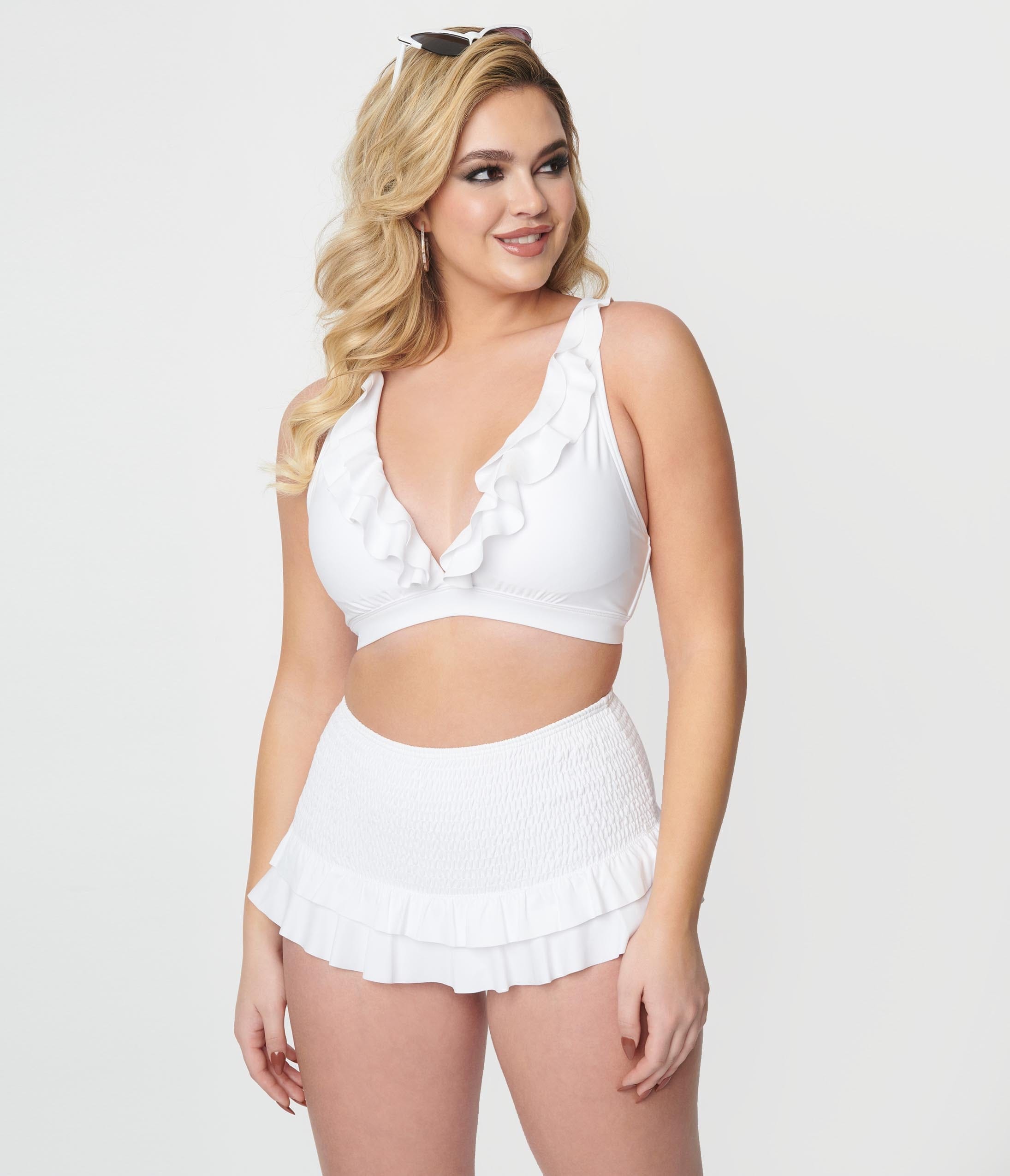 Unique Vintage White Ruffle Halter Swim Top