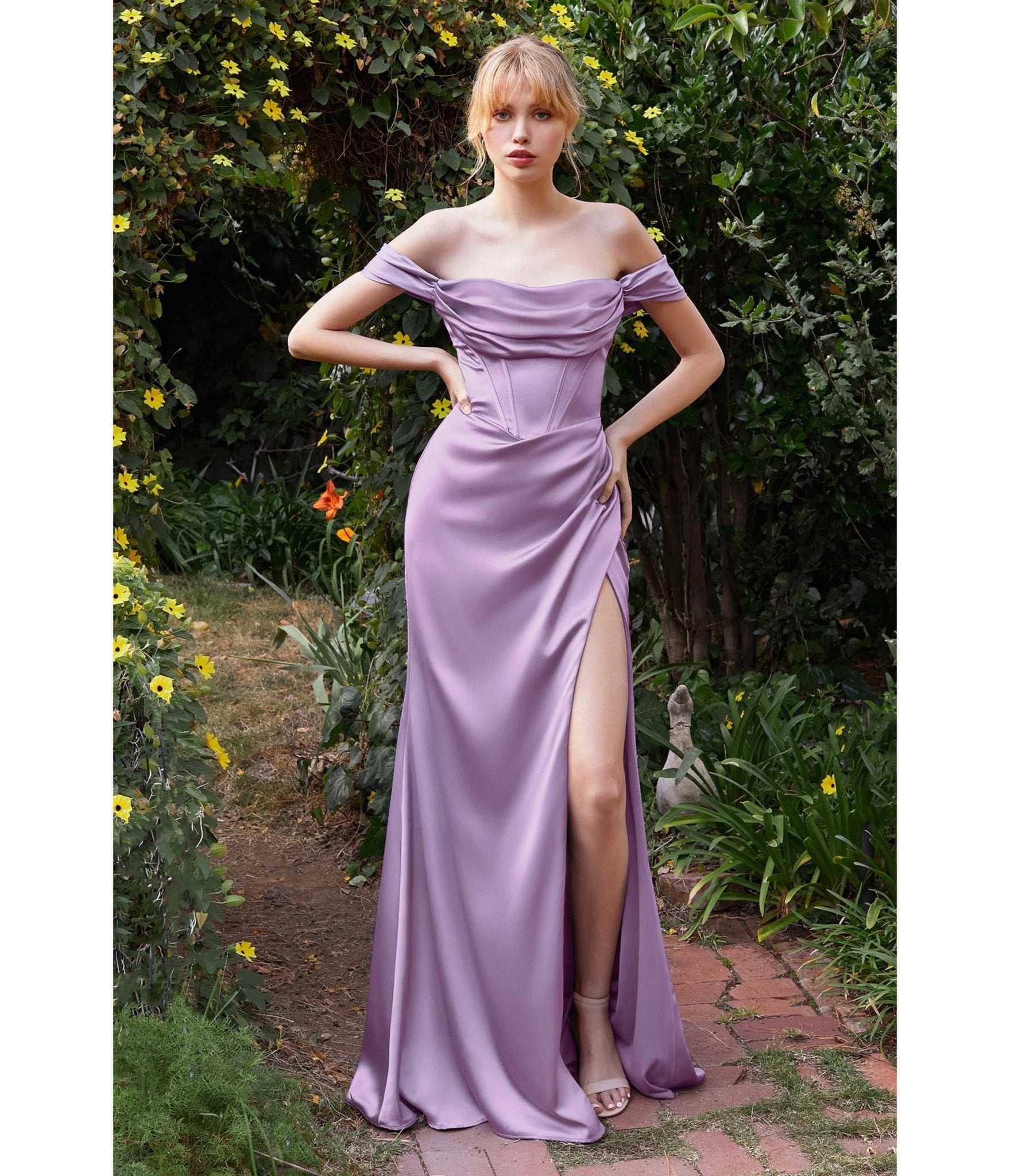 Ladivine by Cinderella Divine Lavender Satin Off the Shoulder Corset Bridesmaid Gown