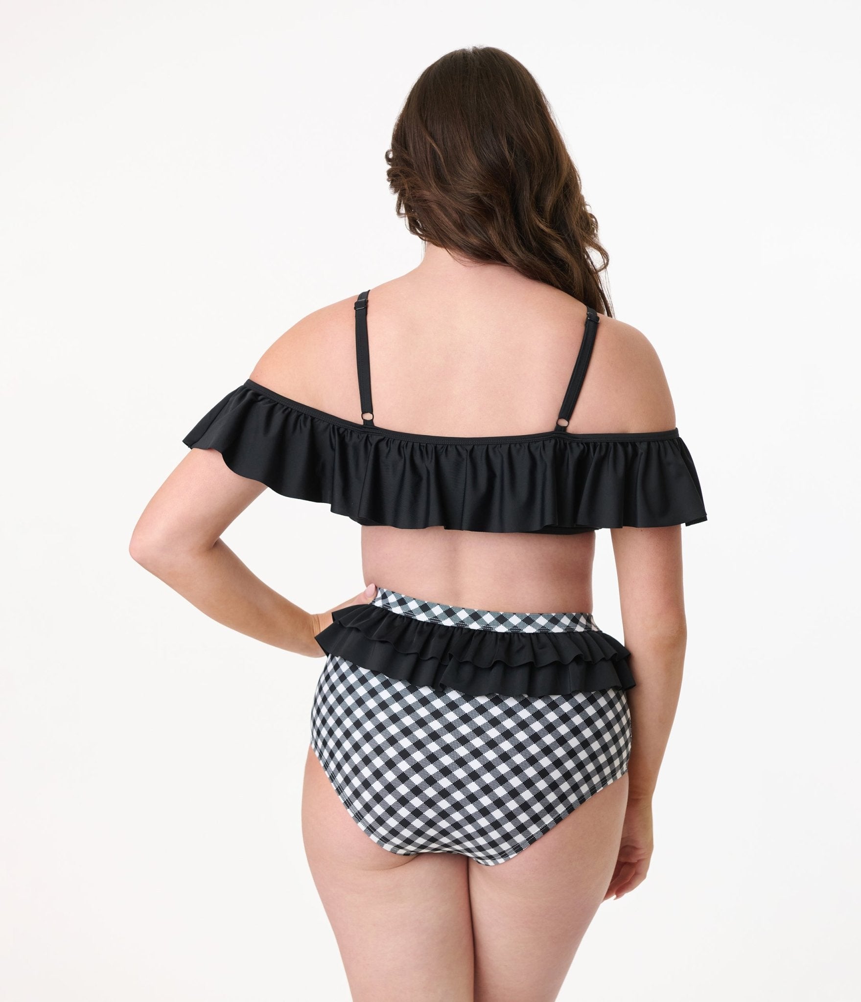 Unique Vintage Black Ruffle Swim Top