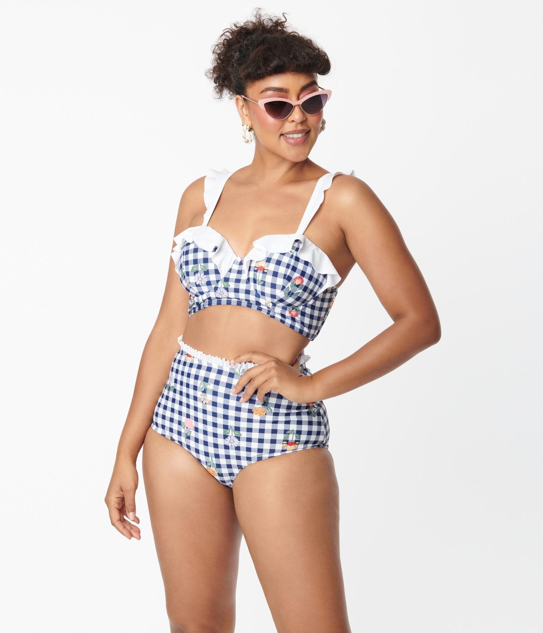 Unique Vintage Navy Gingham & Floral Southampton Swim Top