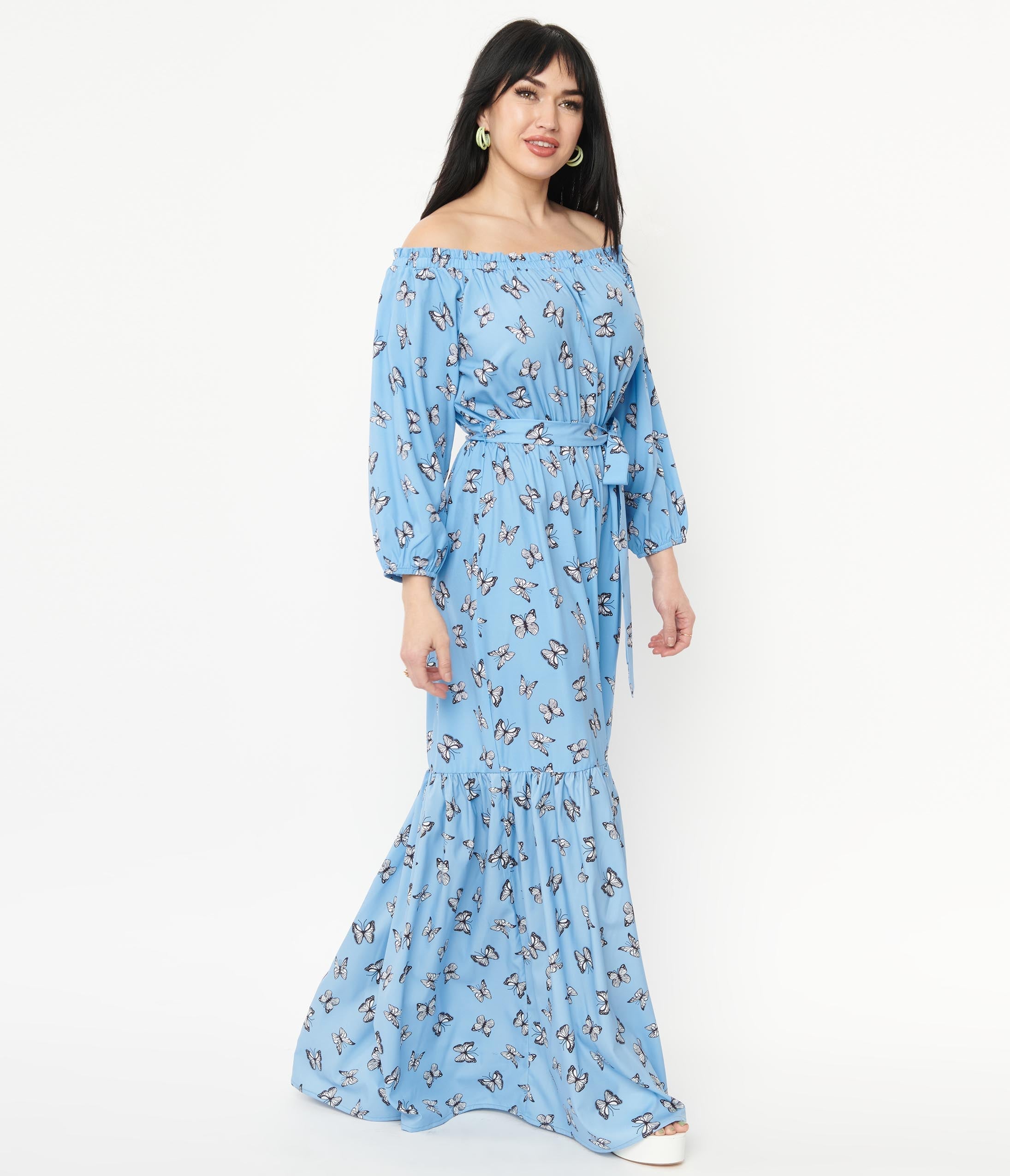 Unique Vintage 1970s Blue & Butterfly Sweet Escape Maxi Dress