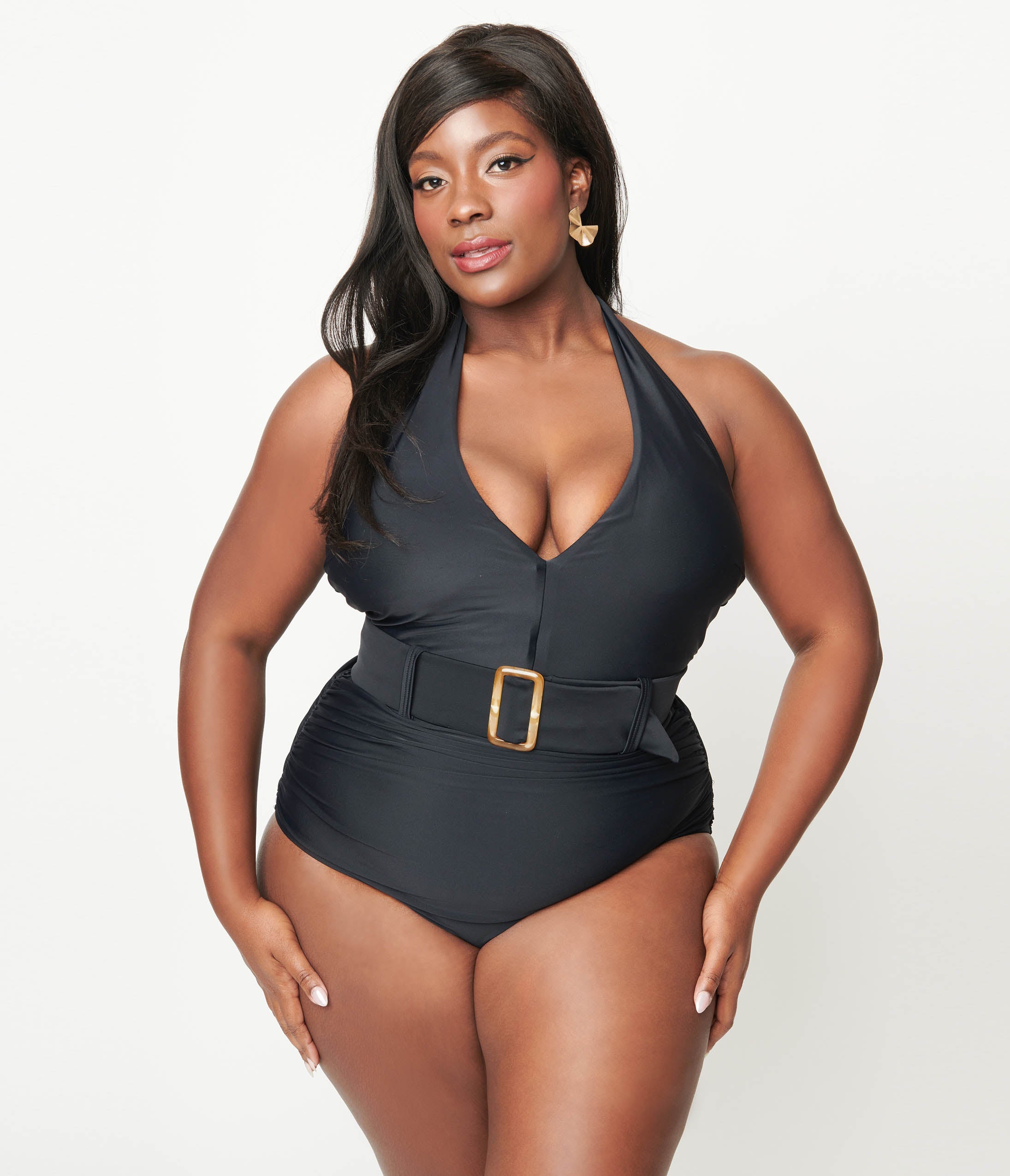 Unique Vintage Plus Size Black Belted Halter Swimsuit