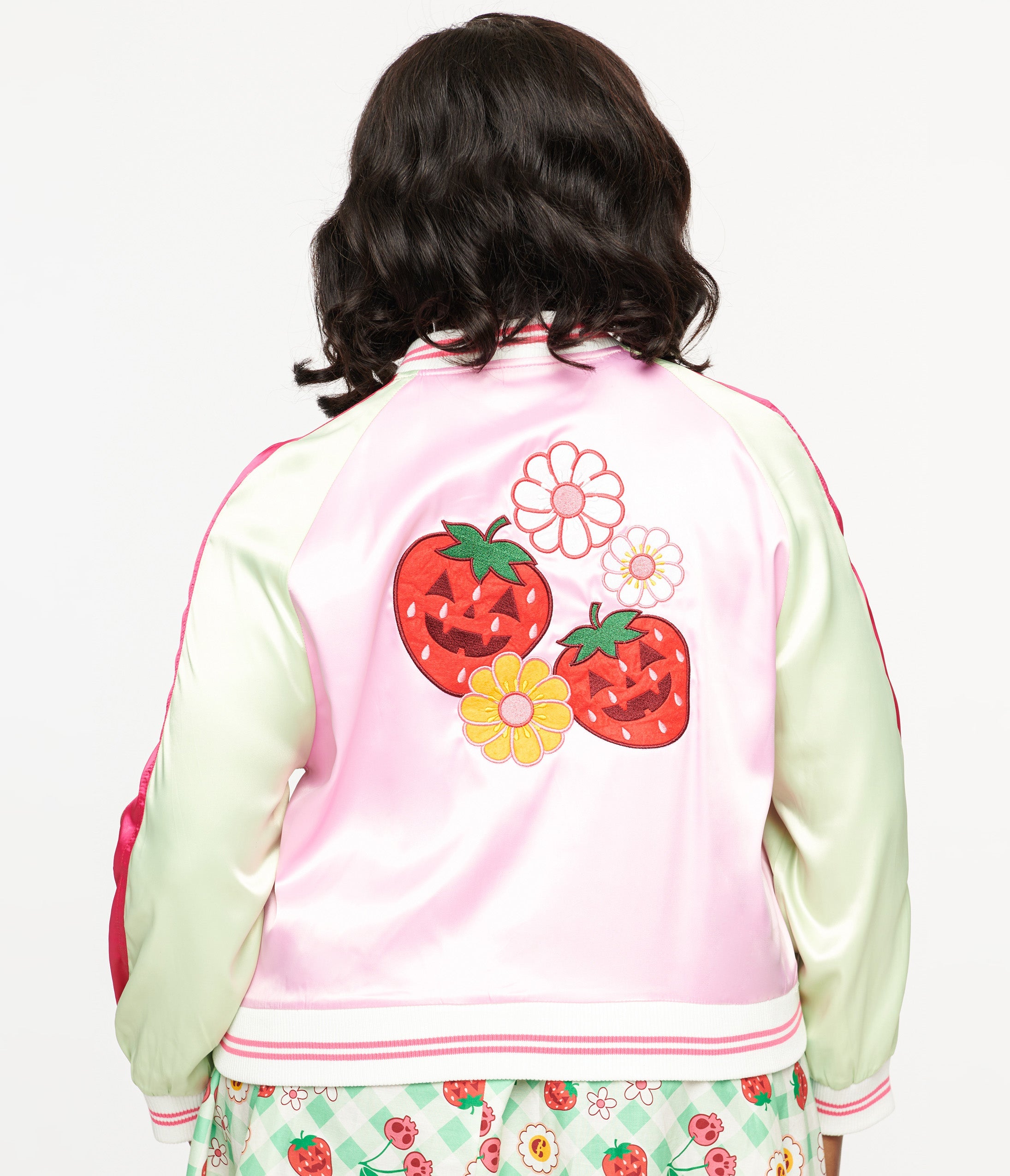 Unique Vintage Plus Size Pink & Green Bite Me Satin Bomber Jacket