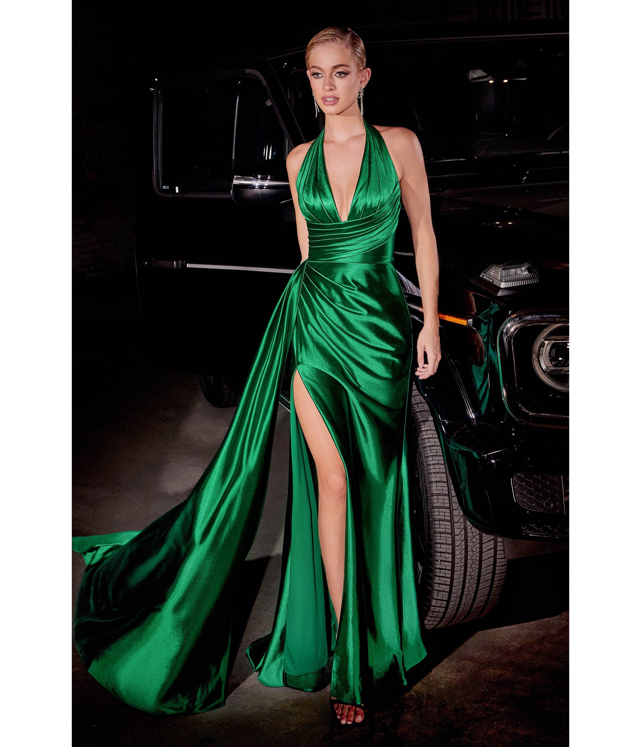 Ladivine by Cinderella Divine Emerald Pleated Satin Halter Fitted Slit Dress