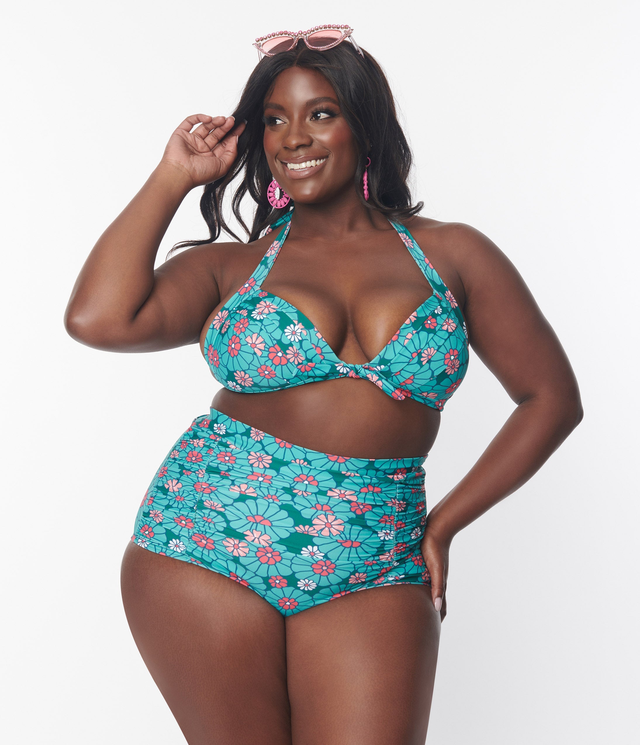 Unique Vintage Plus Size Teal Flower Child Monroe Halter Swim Top