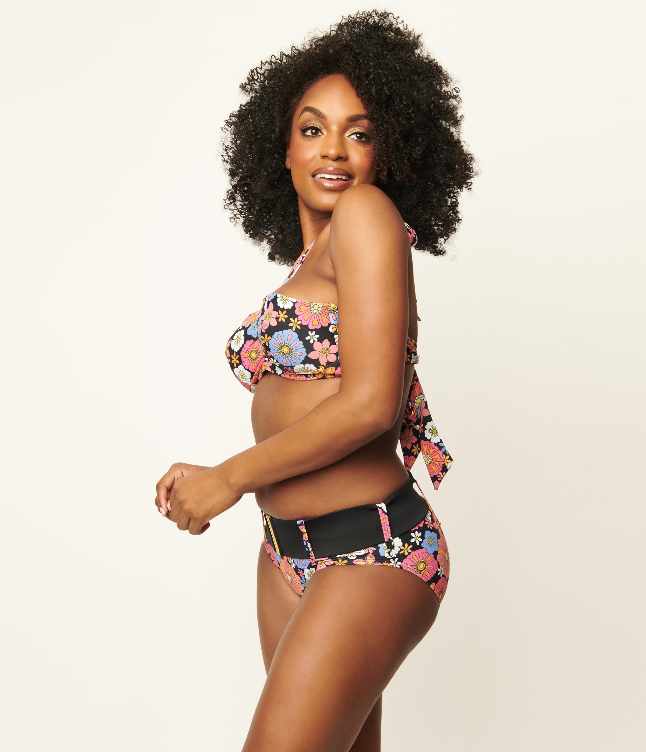 Unique Vintage Pink & Blue Floral Print Belted Sunsational Swim Bottom