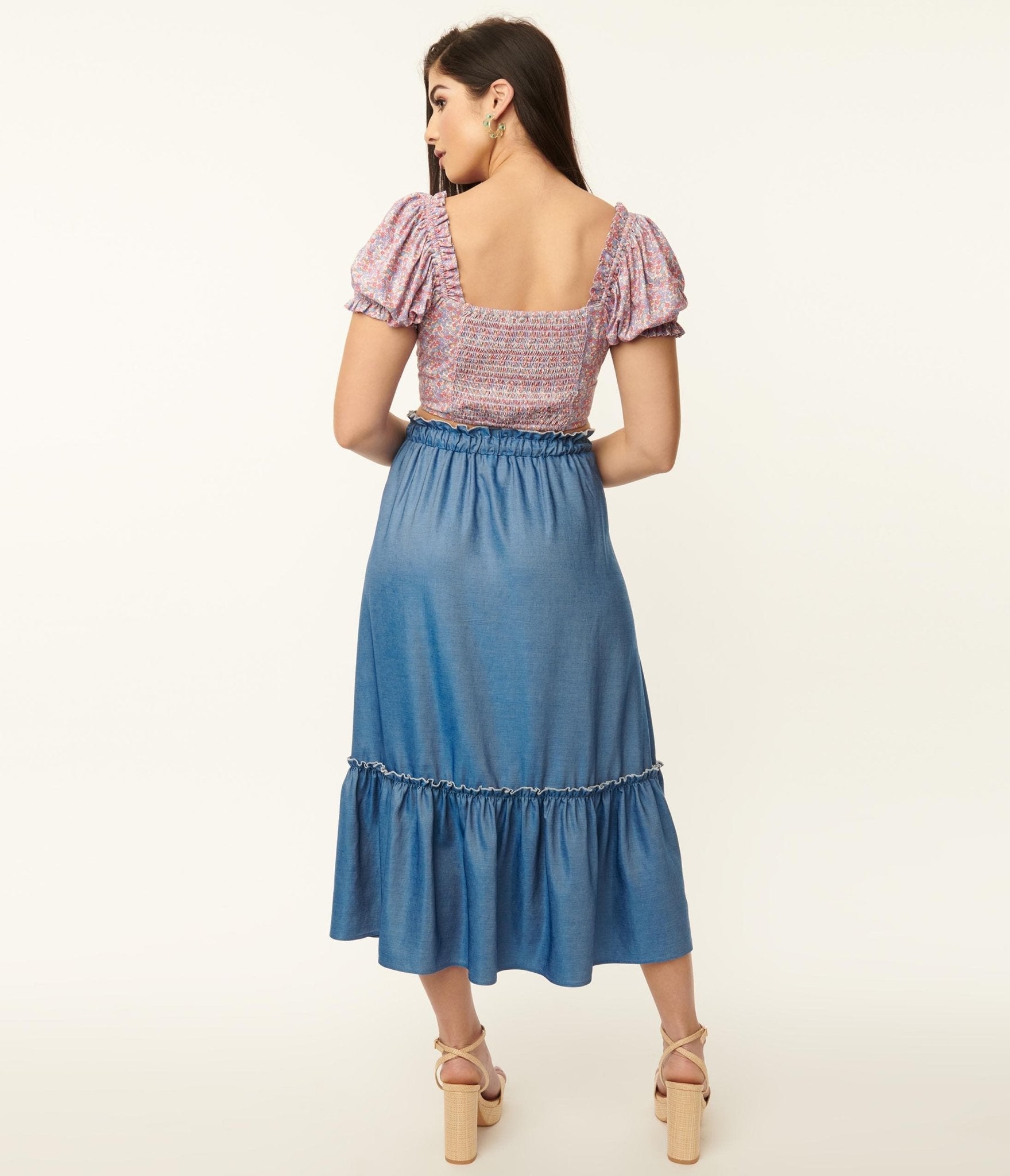 Unique Vintage 1970s Chambray Ruffle Tiered Midi Skirt