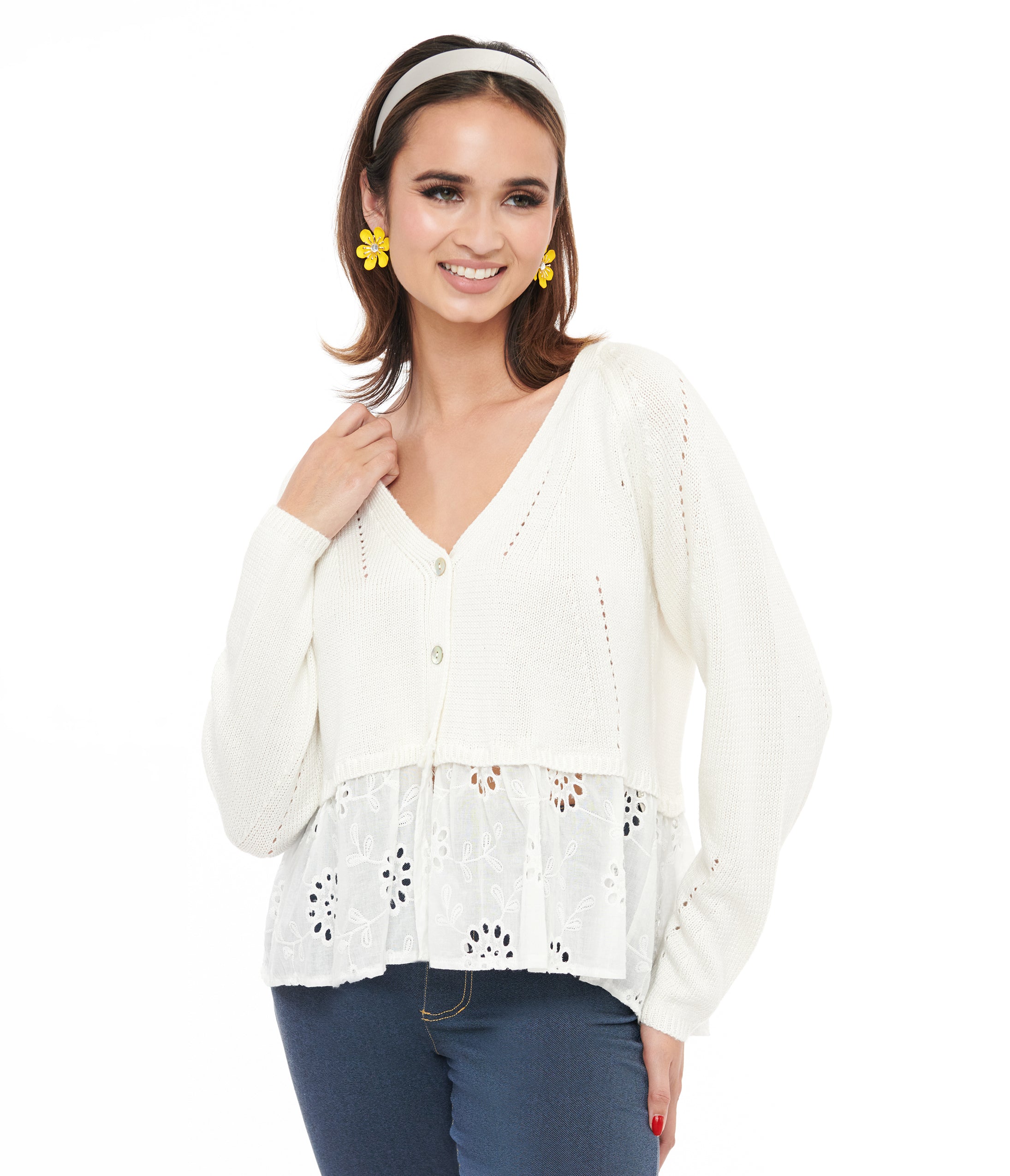 White Floral Peplum Knit Cardigan