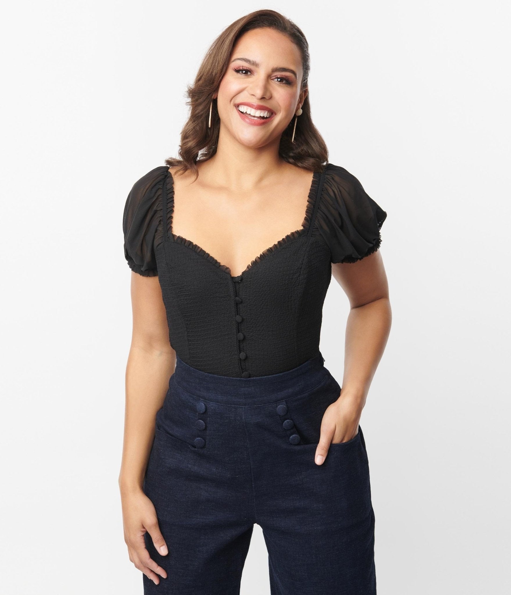 Unique Vintage Black Textured Sweetheart Puff Sleeve Top