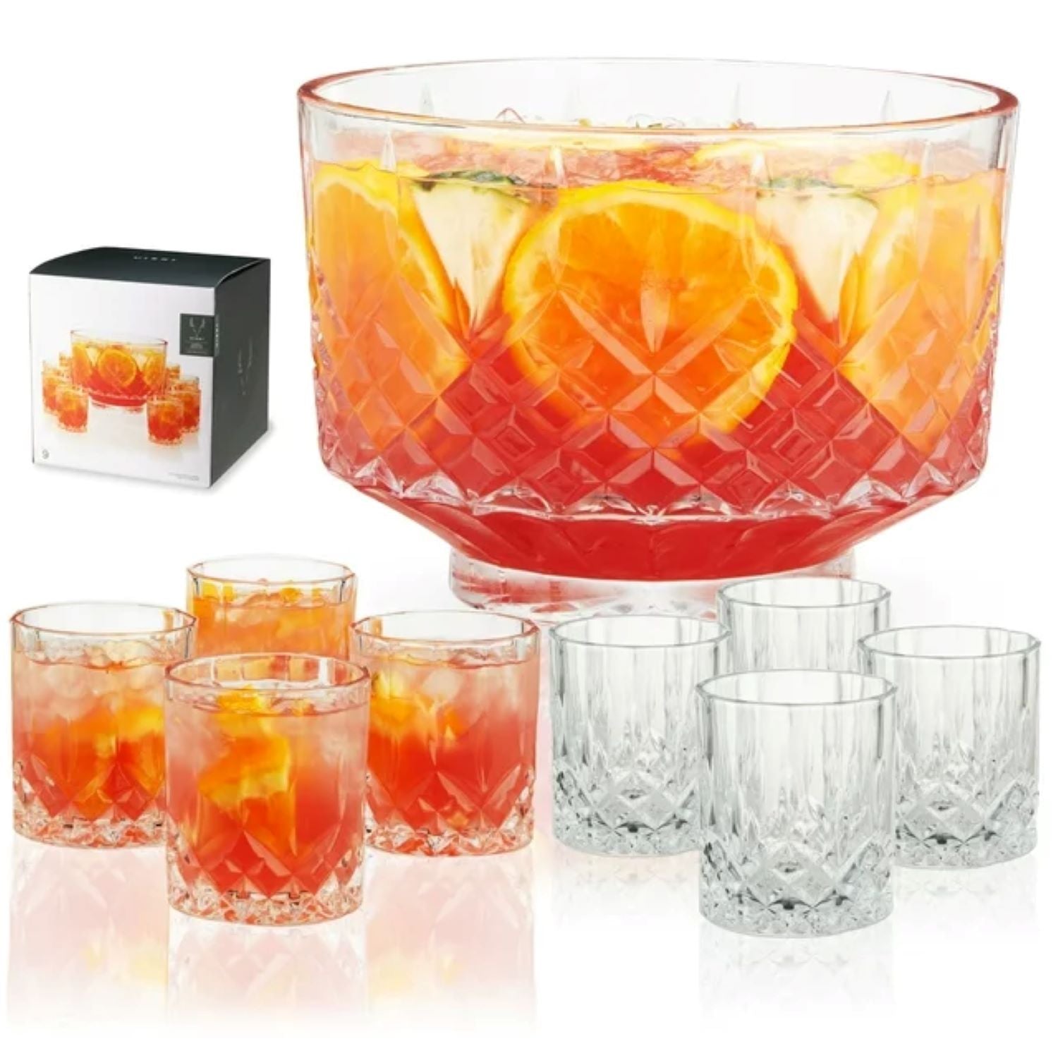 Viski 11039 Admiral Punch Bowl Set with 8 Tumblers, Cut Crystal Cocktail Party Serveware, Dishwasher Safe, 2.5 Gallons, 9 Oz Glasses, Set of 9