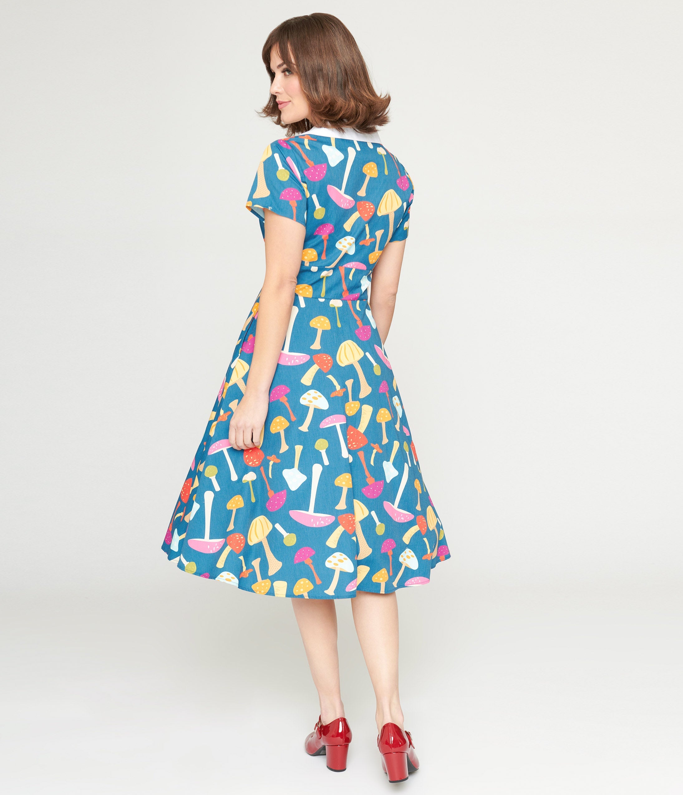 Unique Vintage Teal & Multicolor Mushroom Swing Dress