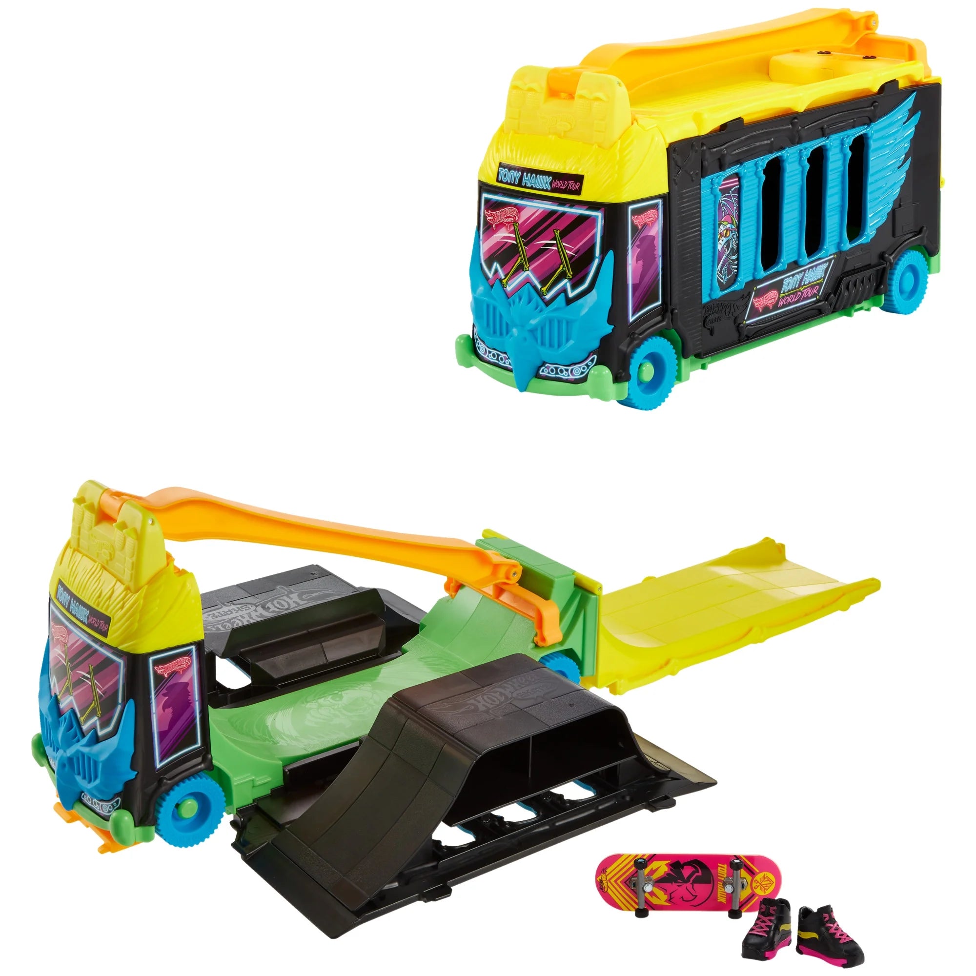 Hot Wheels HXL15 Skate Tony Hawk Transforming Skate Bus with 1 Exclusive Finger Skateboard & 1 Pair of Removable Skate Shoes