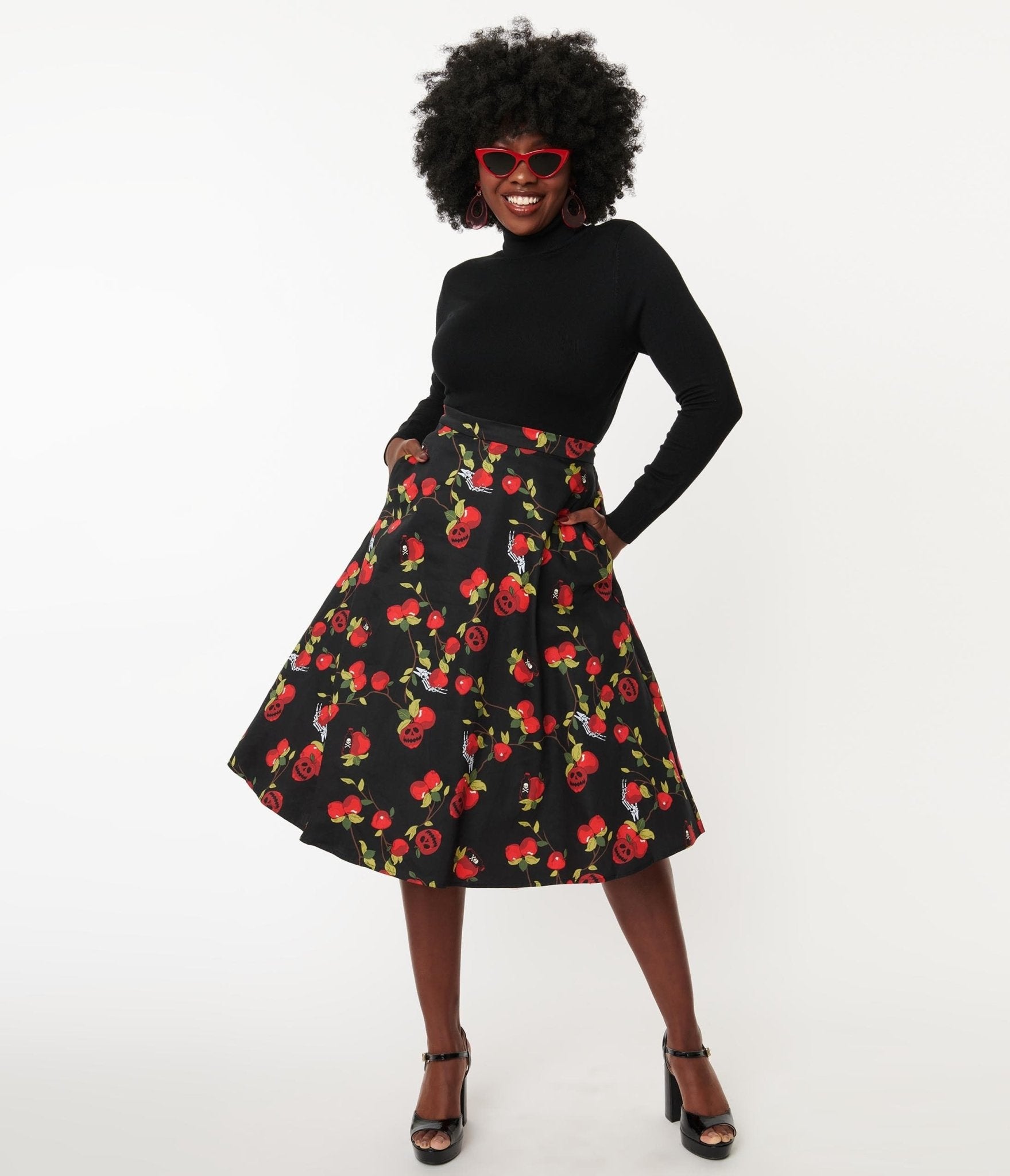 Collectif Black & Red Deathly Apples Cassie Swing Skirt