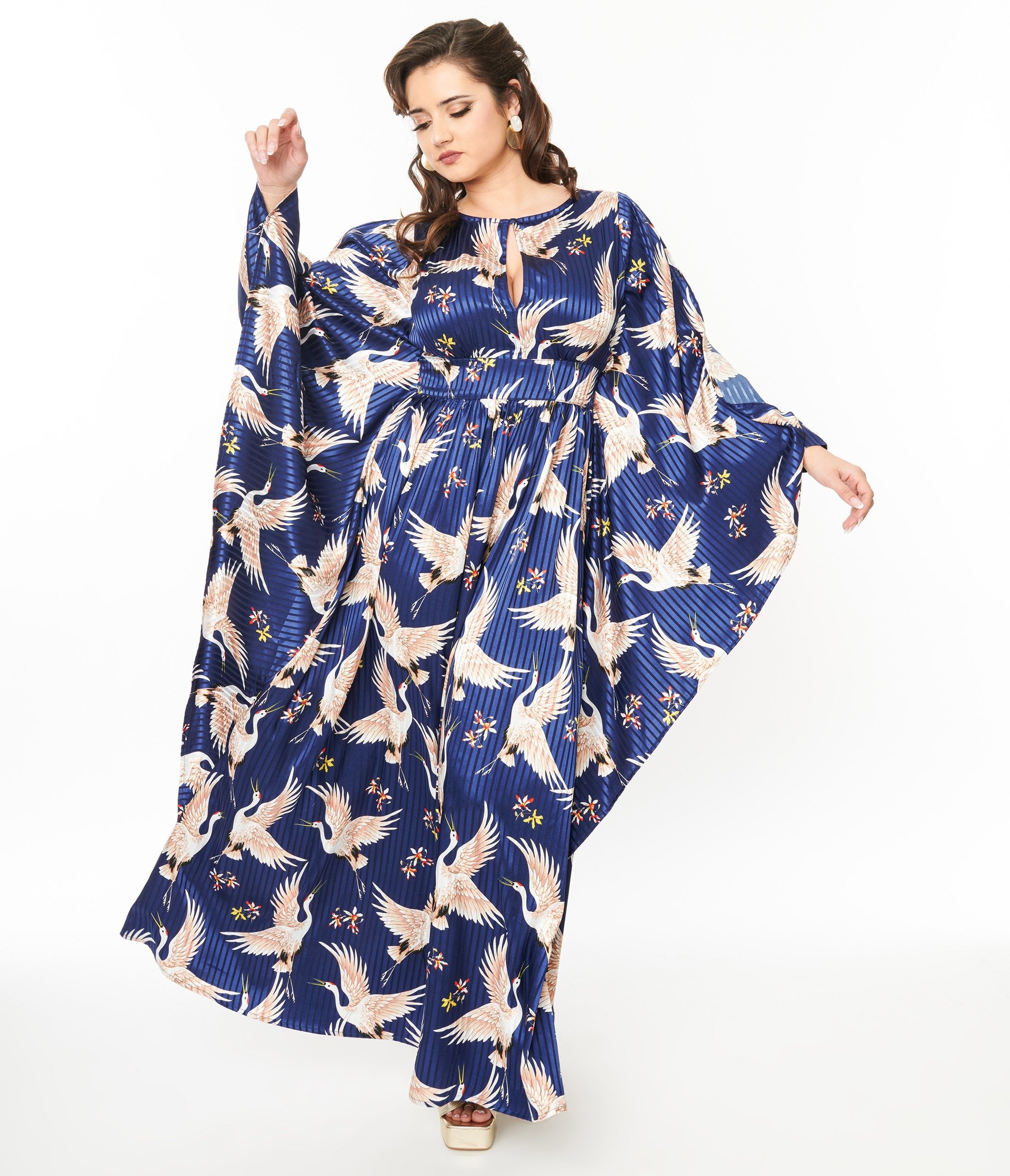 Unique Vintage 1960s Navy Crane Flutter Sleeve Caftan