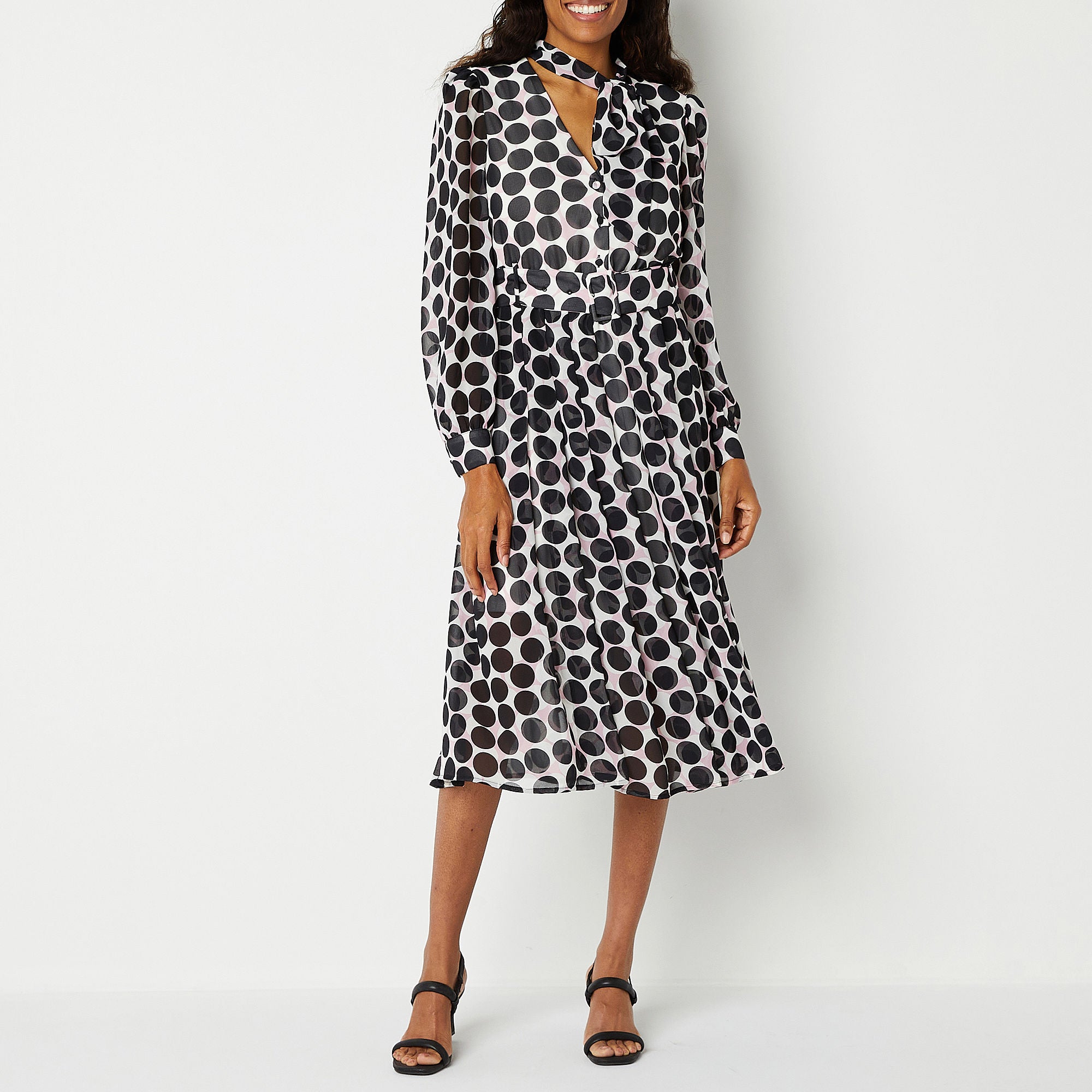 Worthington Long Sleeve Midi Fit + Flare Dress - SHADOW DOT LARGE PETITE