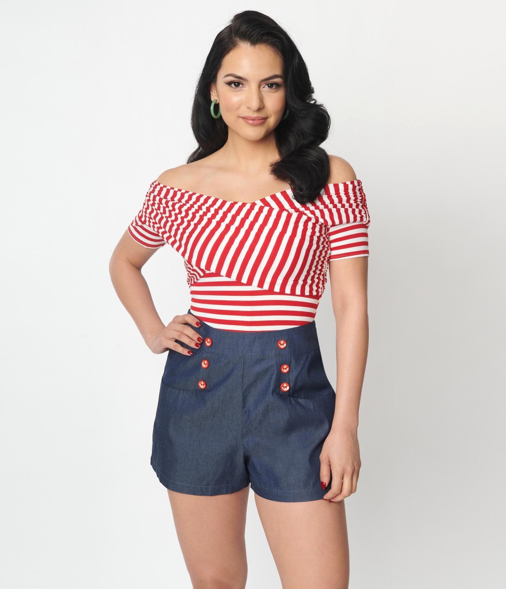 Unique Vintage Red & White Striped Off Shoulder Daydreamer Bodysuit