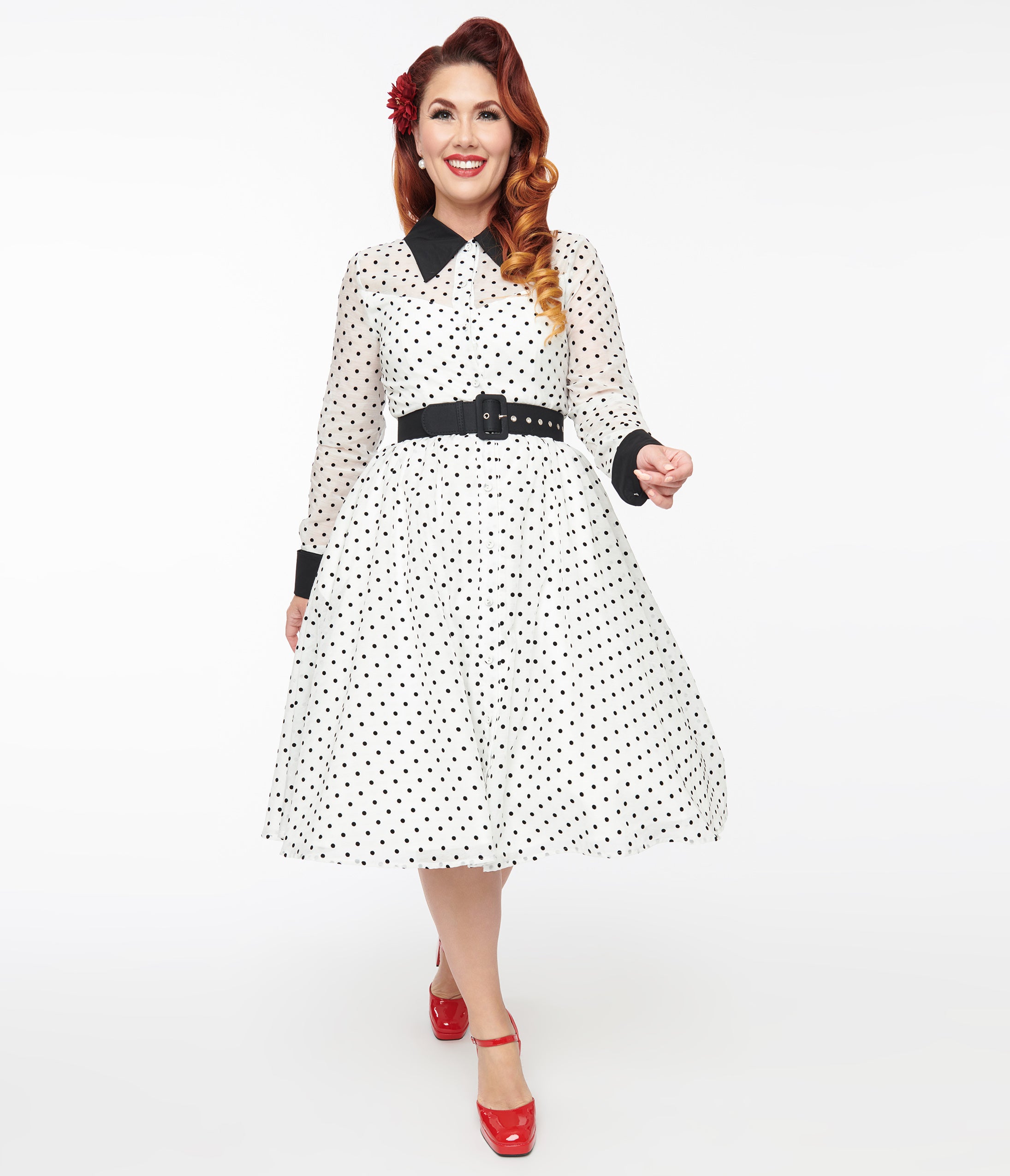 Unique Vintage 1950s Ivory & Black Polka Dot Tulle Swing Dress