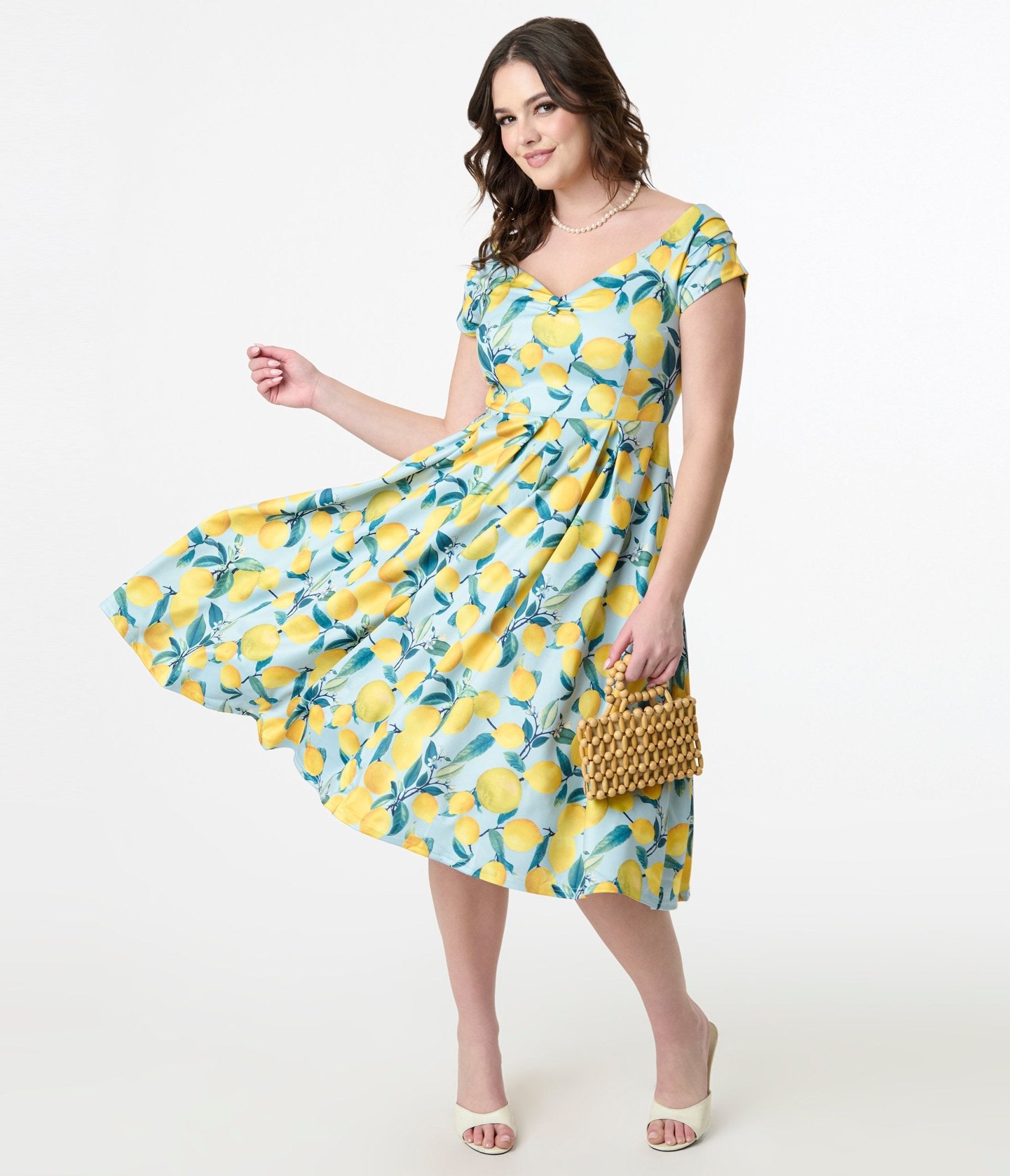 Dolly & Dotty 1950s Blue & Yellow Lemon Off The Shoulder Lily Swing Dress