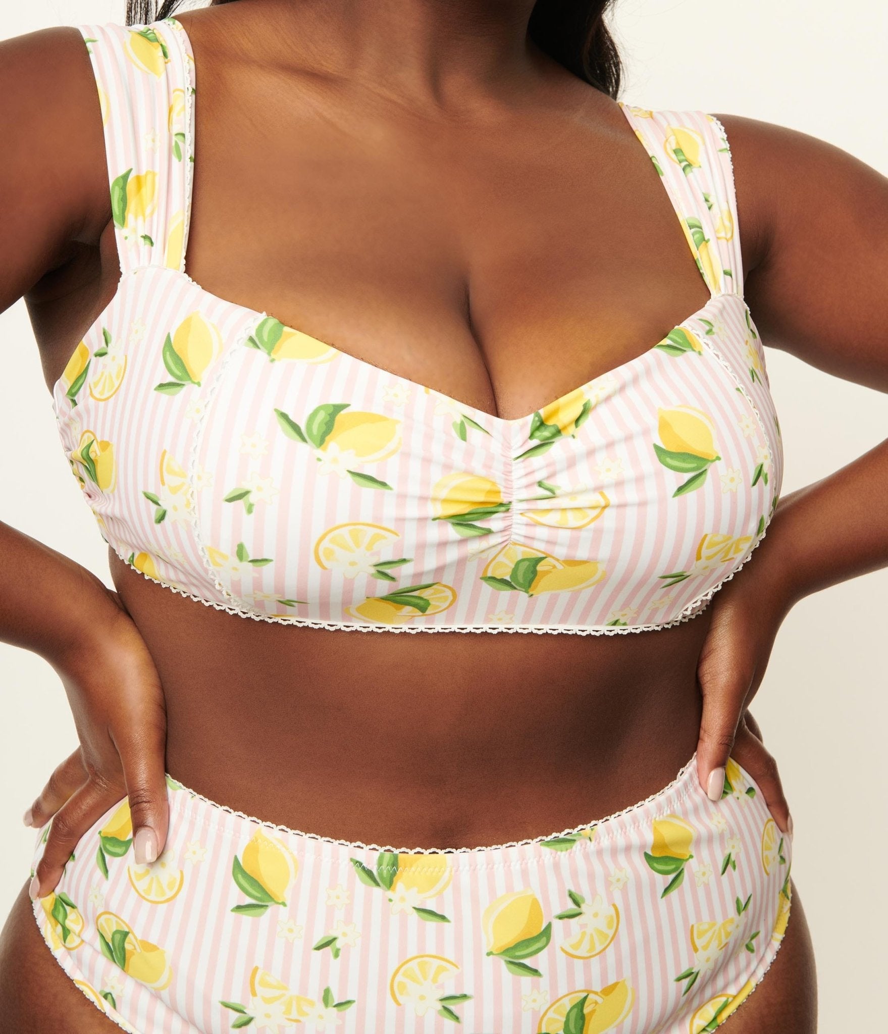 Unique Vintage Plus Size Light Pink Stripes & Lemons Ruched & Ready Swim Top