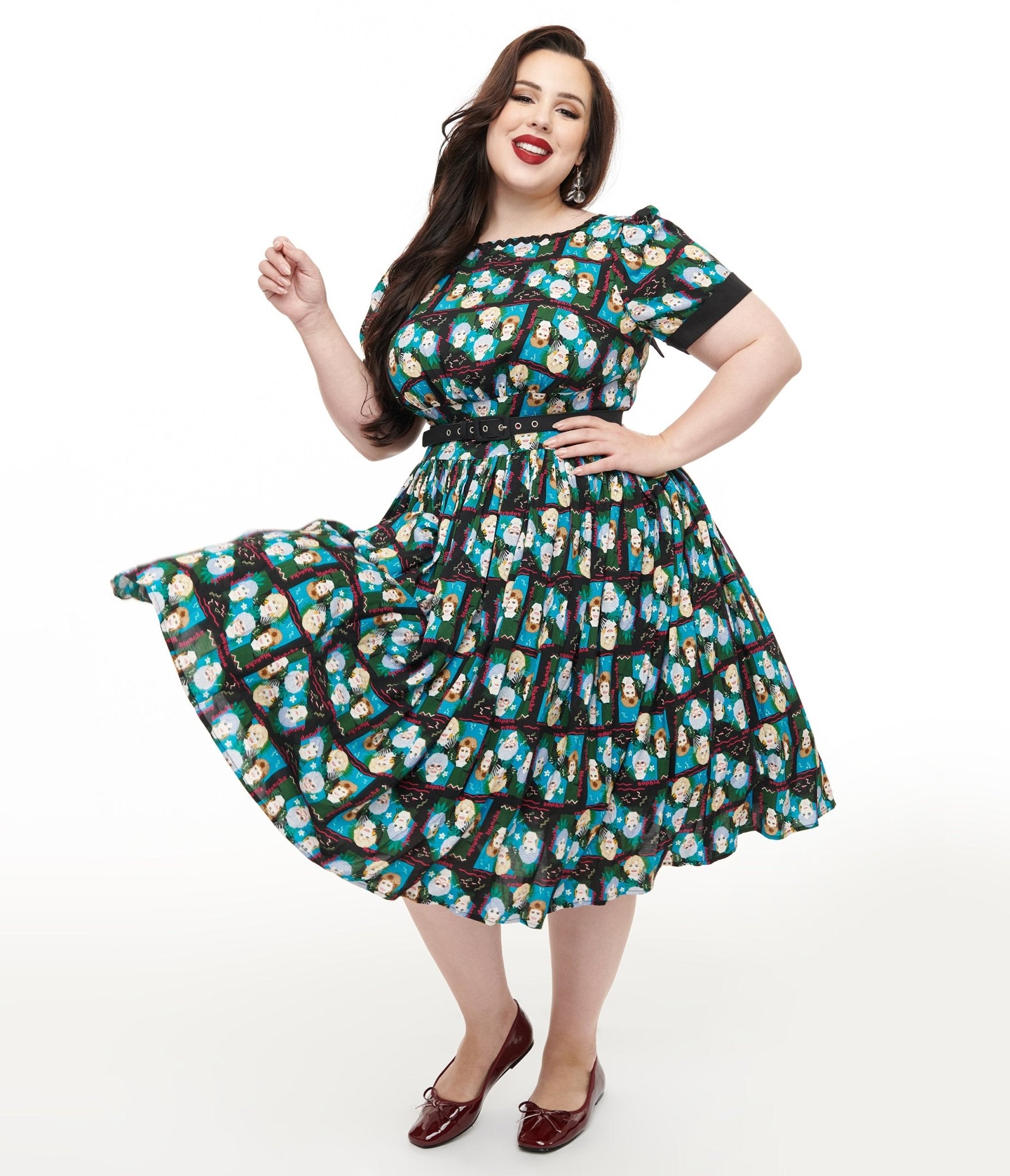 The Golden Girls x Unique Vintage Plus Size Black & Blue The Golden Girls Print Swing Dress