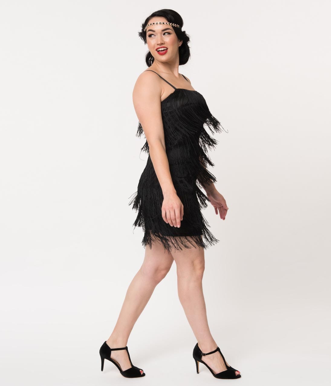 Unique Vintage 1920s Style Black Speakeasy Tiered Fringe Flapper Dress