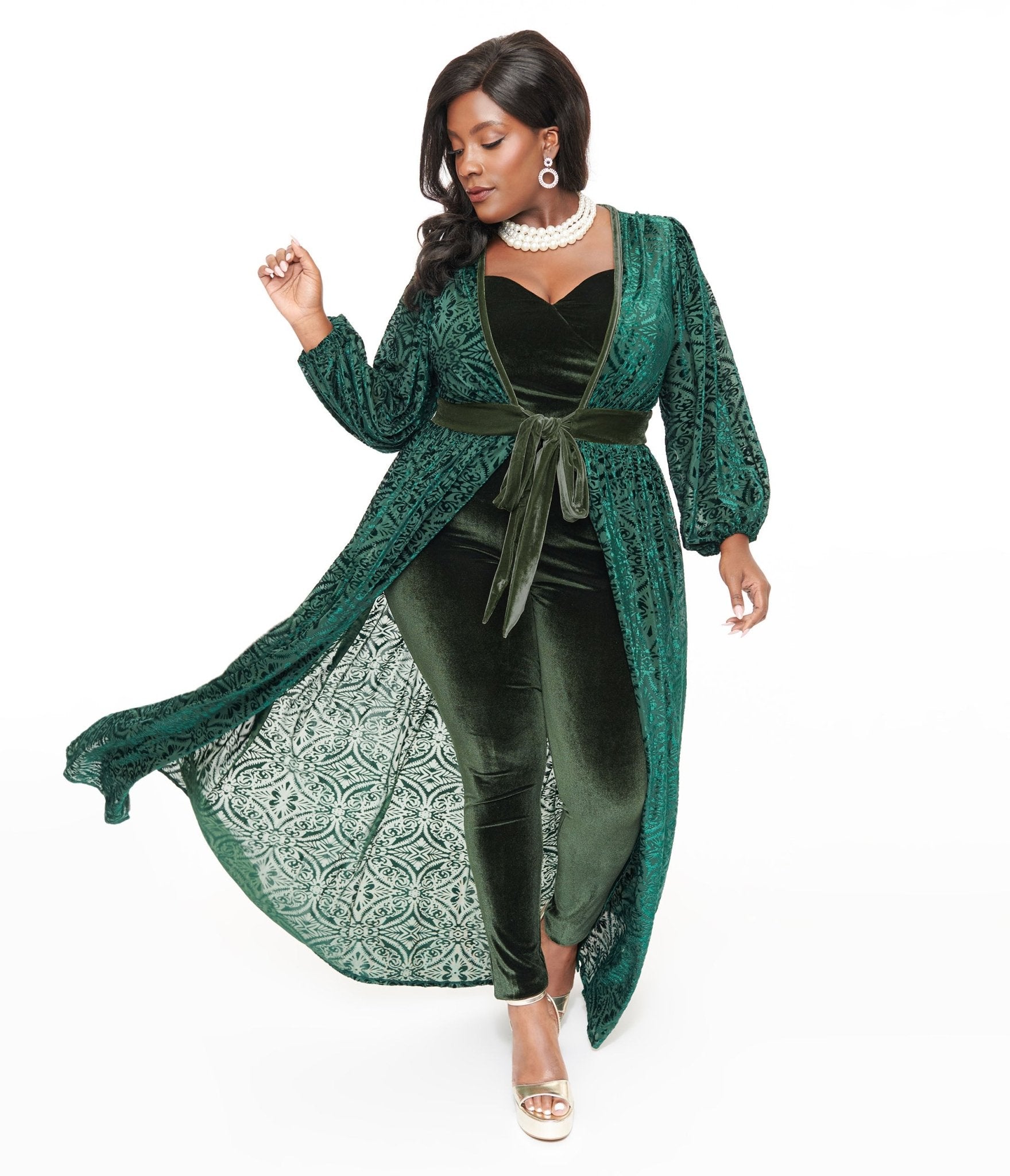 Unique Vintage Plus Size Green Velvet Burnout Hollywood Duster